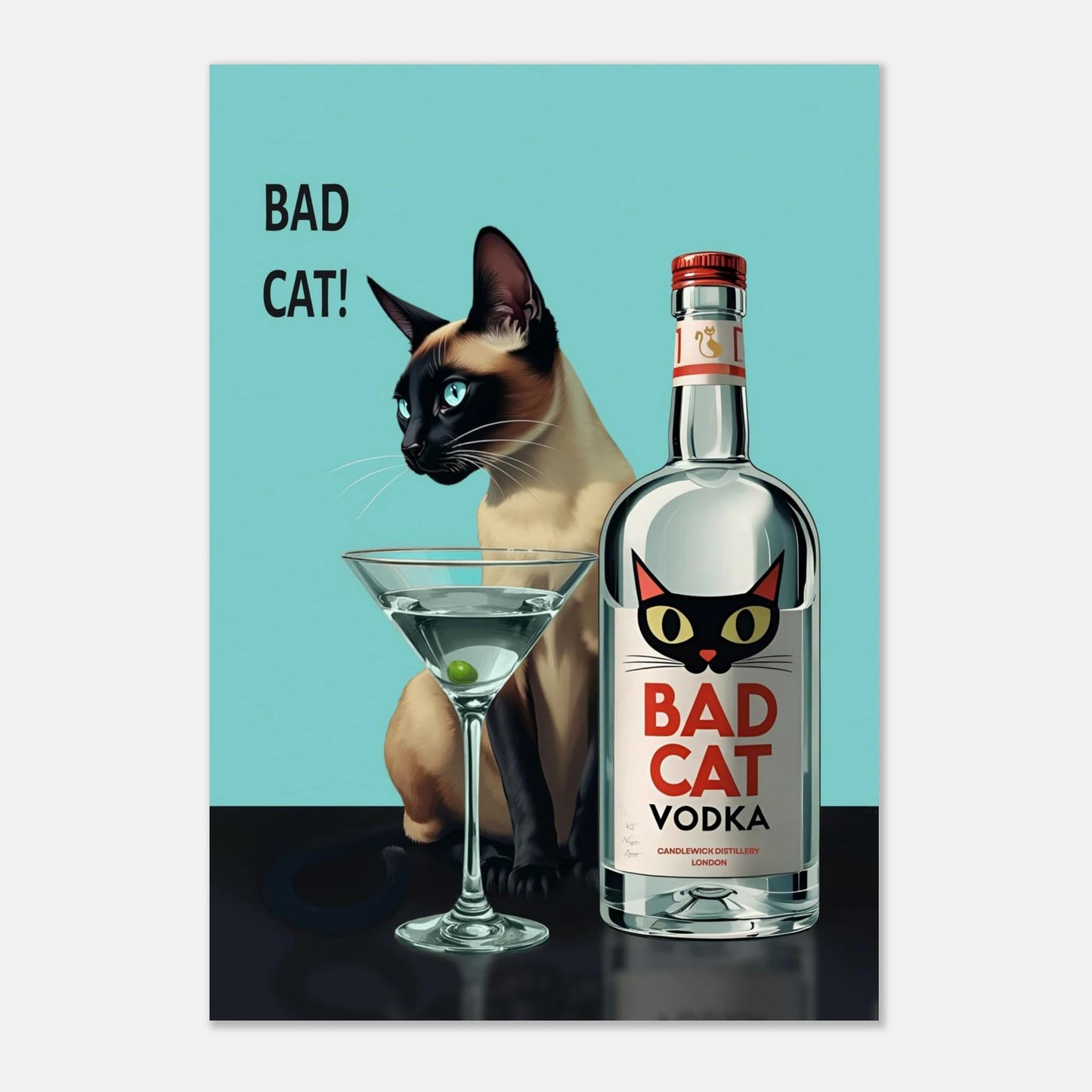 Siamese Cat Retro Martini Cocktail Bar Art Print No Frame 70x100 cm 28x40″ Museum-Quality Matte Paper Poster