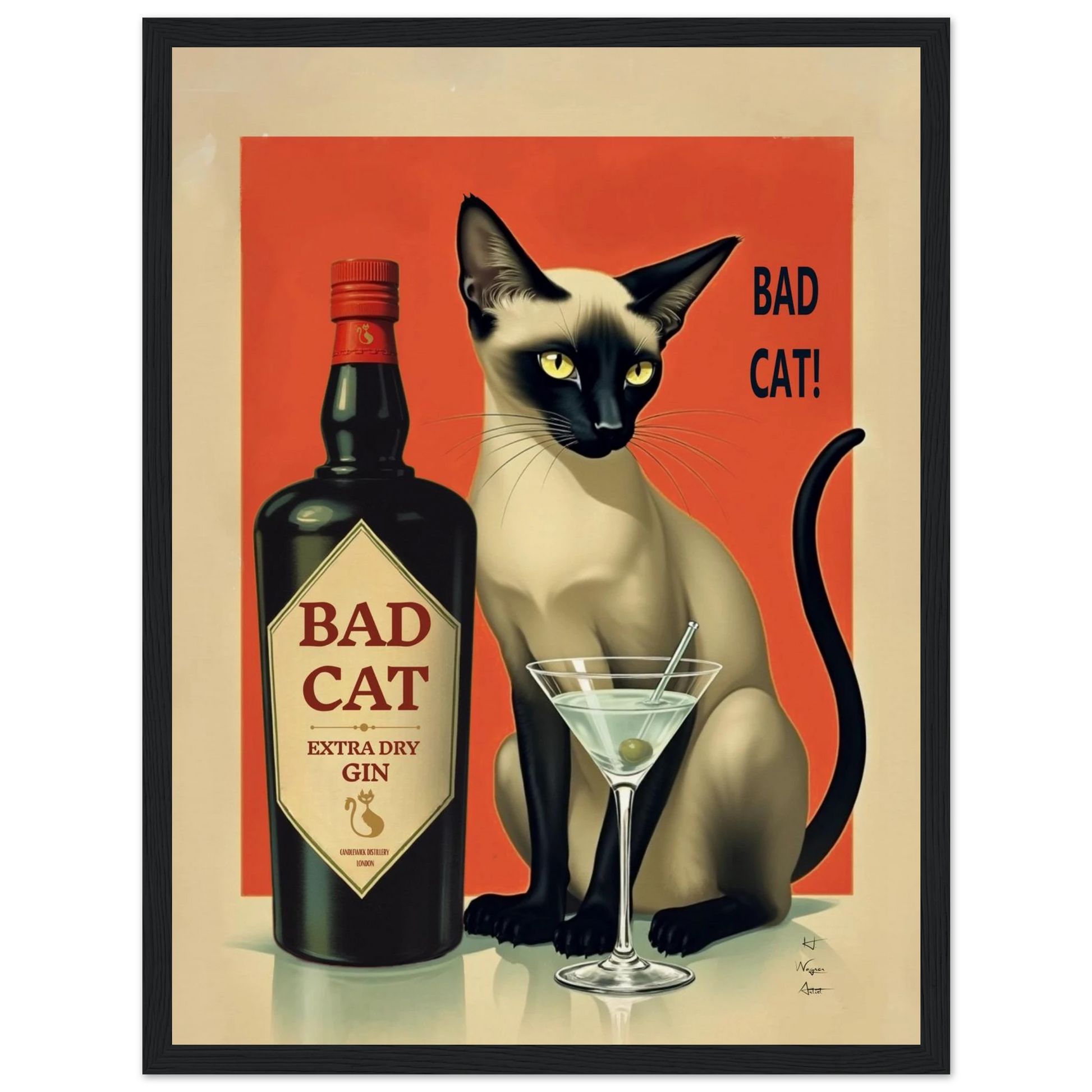 Siamese Cat Gin Martini Cocktail Art Print 27x35 cm 11x14″ Gallery Wrapped Canvas No Frame