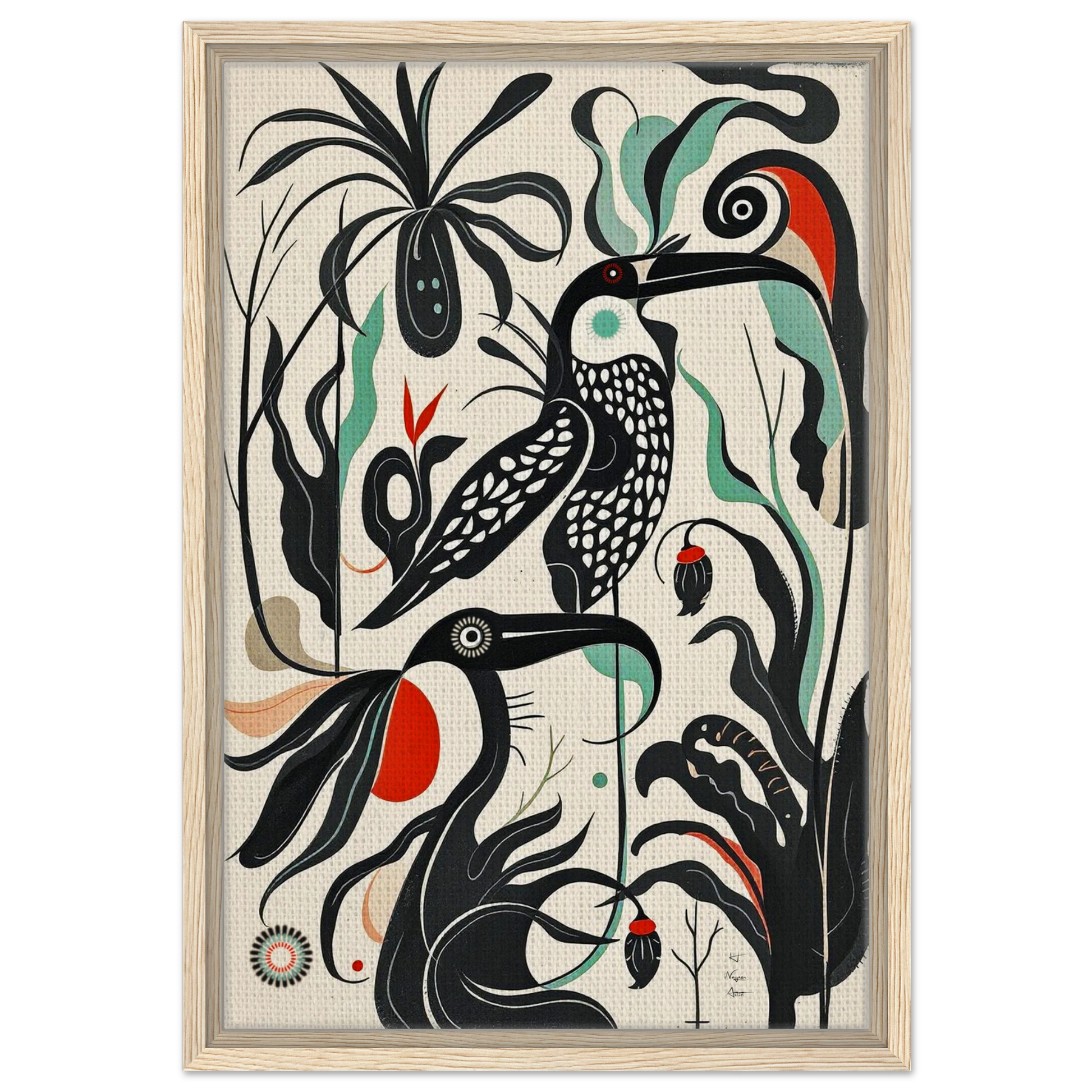 Mid-Century Modern Tropical Bird Art Print Light Wood Frame 40x60 cm 16x24″ Framed Canvas