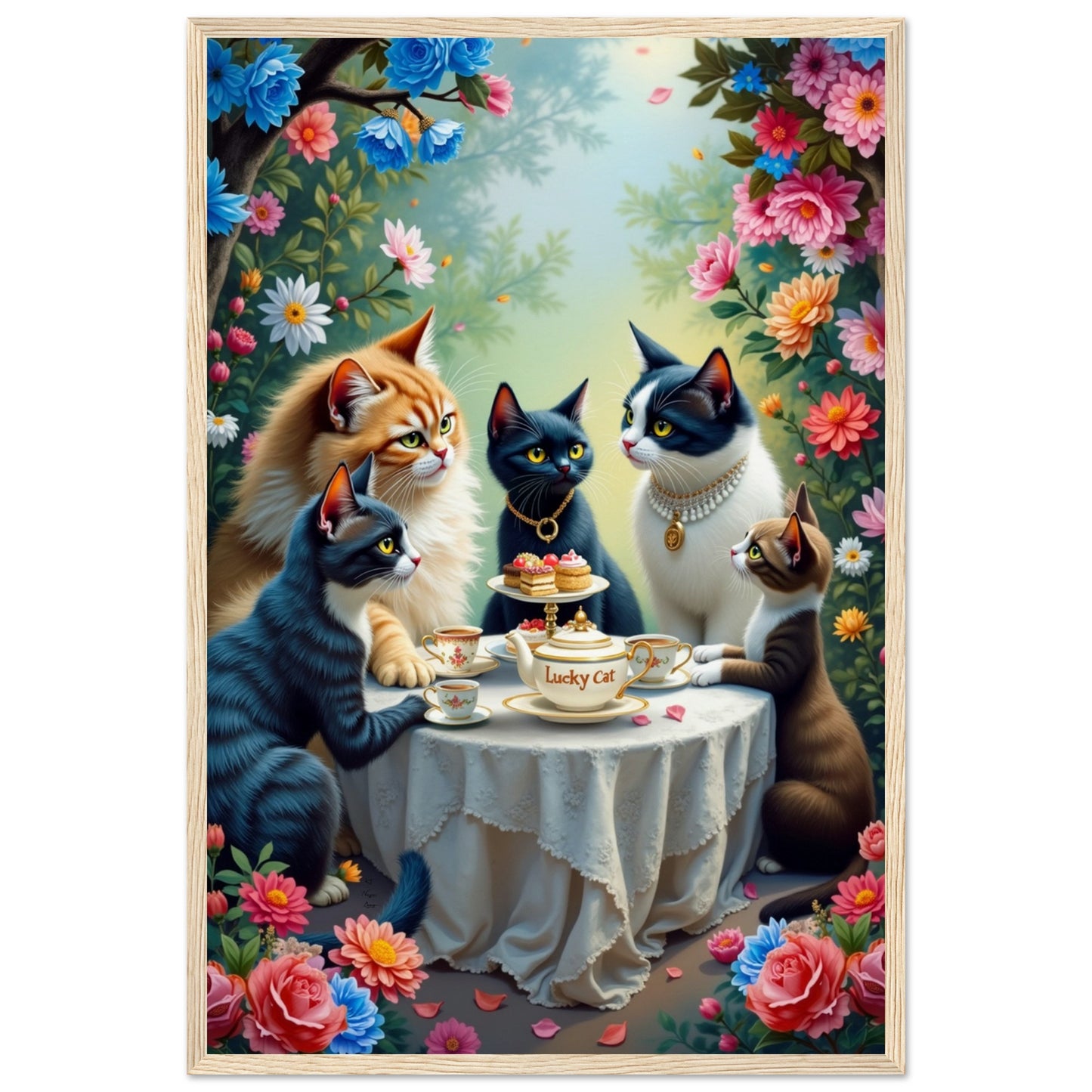 Lucky Cat Garden Tea Party Kitchen Art Print Light Wood Frame 40x60 cm 16x24″ Museum-Quality Matte Paper Wooden Framed Poster