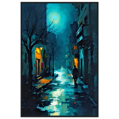 Blue Moon Night Street Scene Art Print 60x90 cm 24x36″ Premium Matte Framed Poster Black Wood Frame