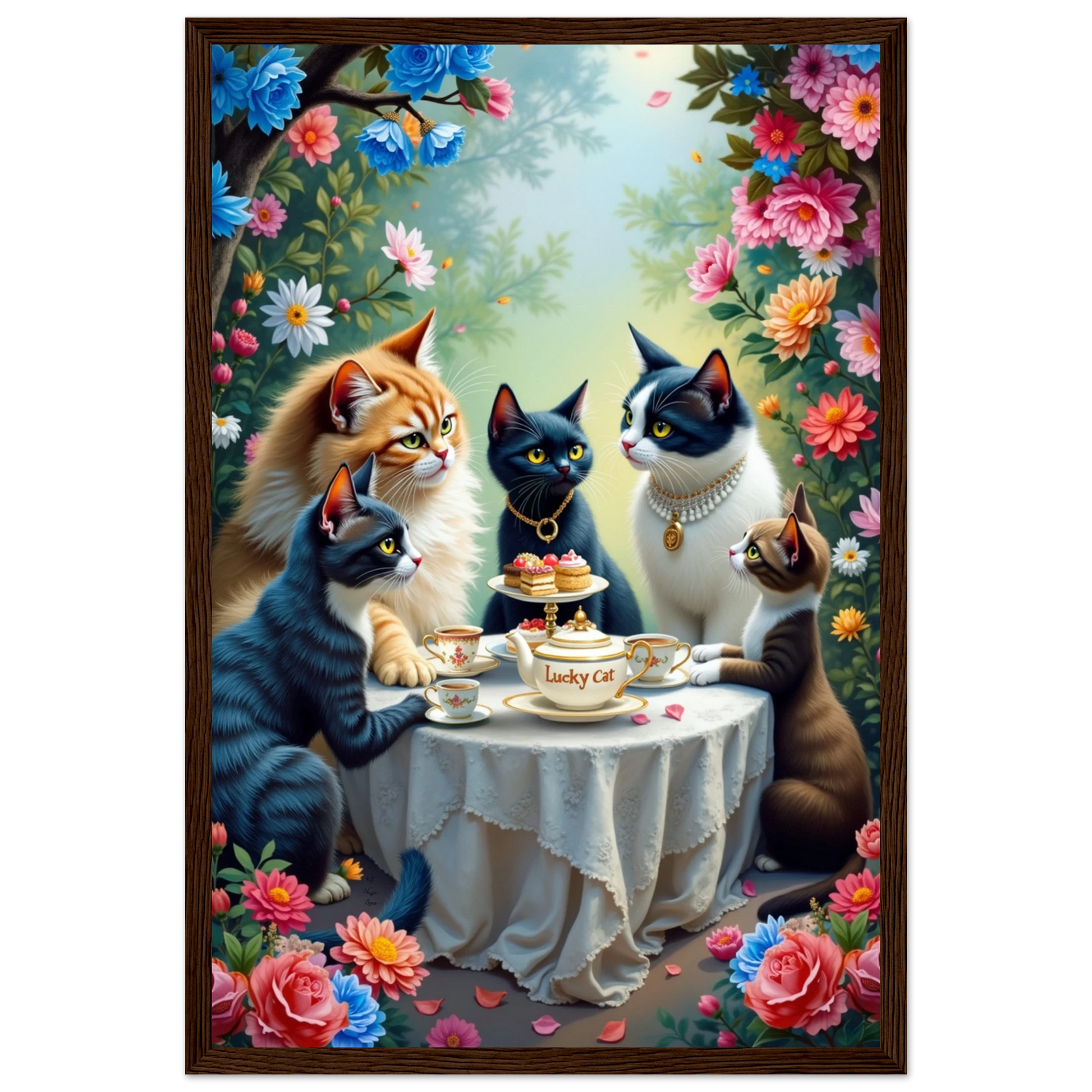 Lucky Cat Tea Party Botanical Art Print 30x45 cm 12x18″ Classic Matte Paper Wooden Framed Poster Dark Brown Wood Frame