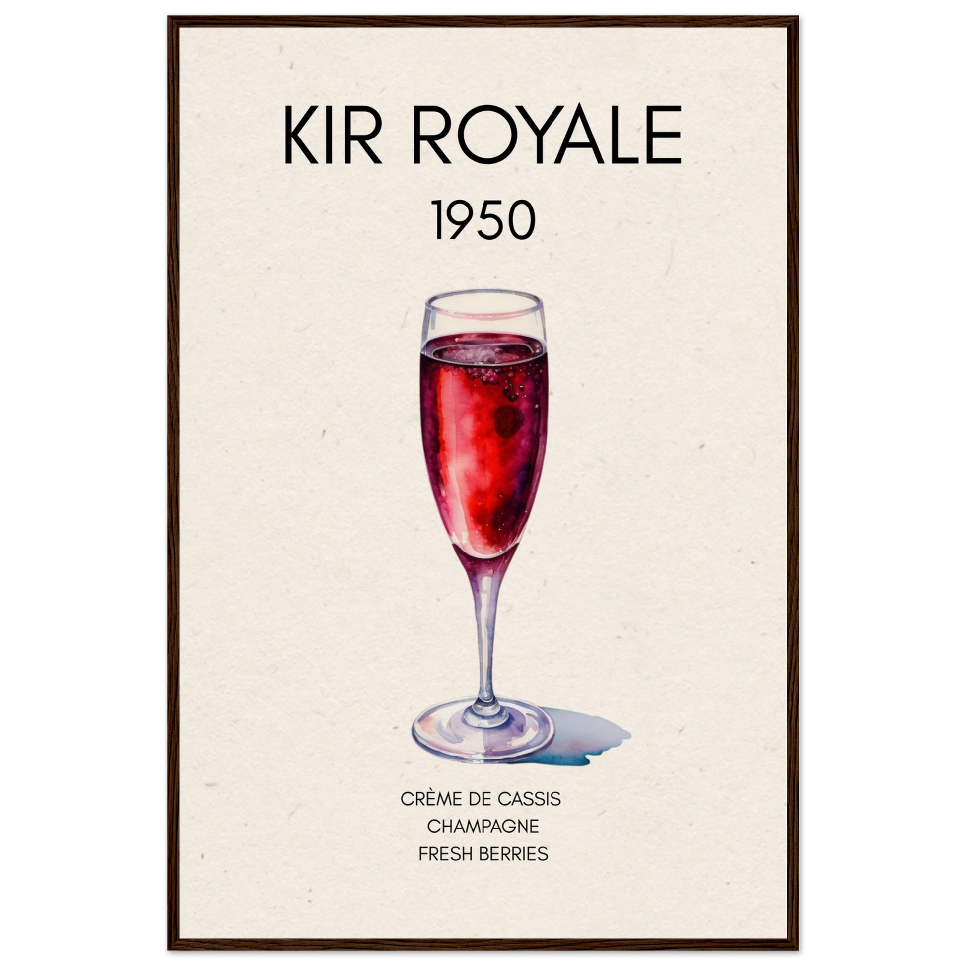 Kir Royale Champagne Cocktail Bar Art Print Dark Brown Wood Frame 60x90 cm 24x36″ Museum-Quality Matte Paper Wooden Framed Poster