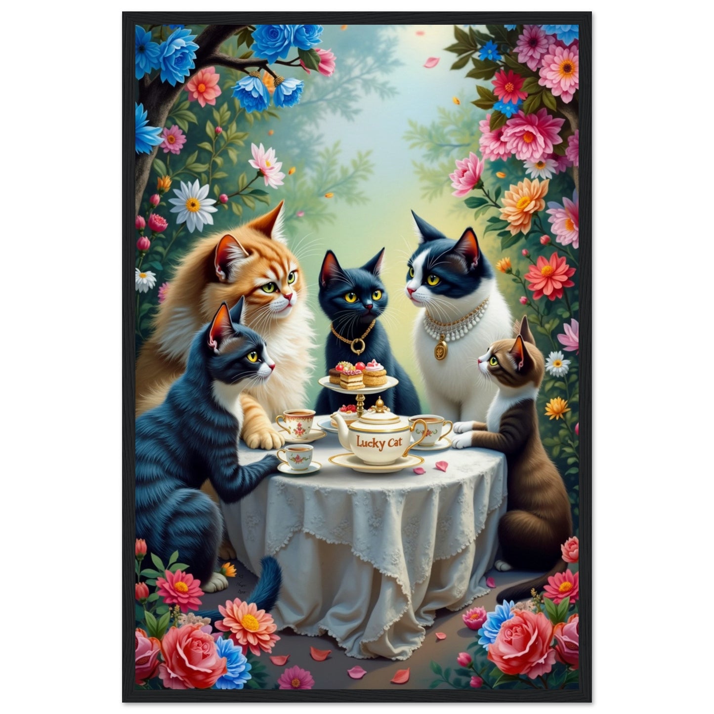 Lucky Cat Garden Tea Party Kitchen Art Print Black Wood Frame 40x60 cm 16x24″ Museum-Quality Matte Paper Wooden Framed Poster