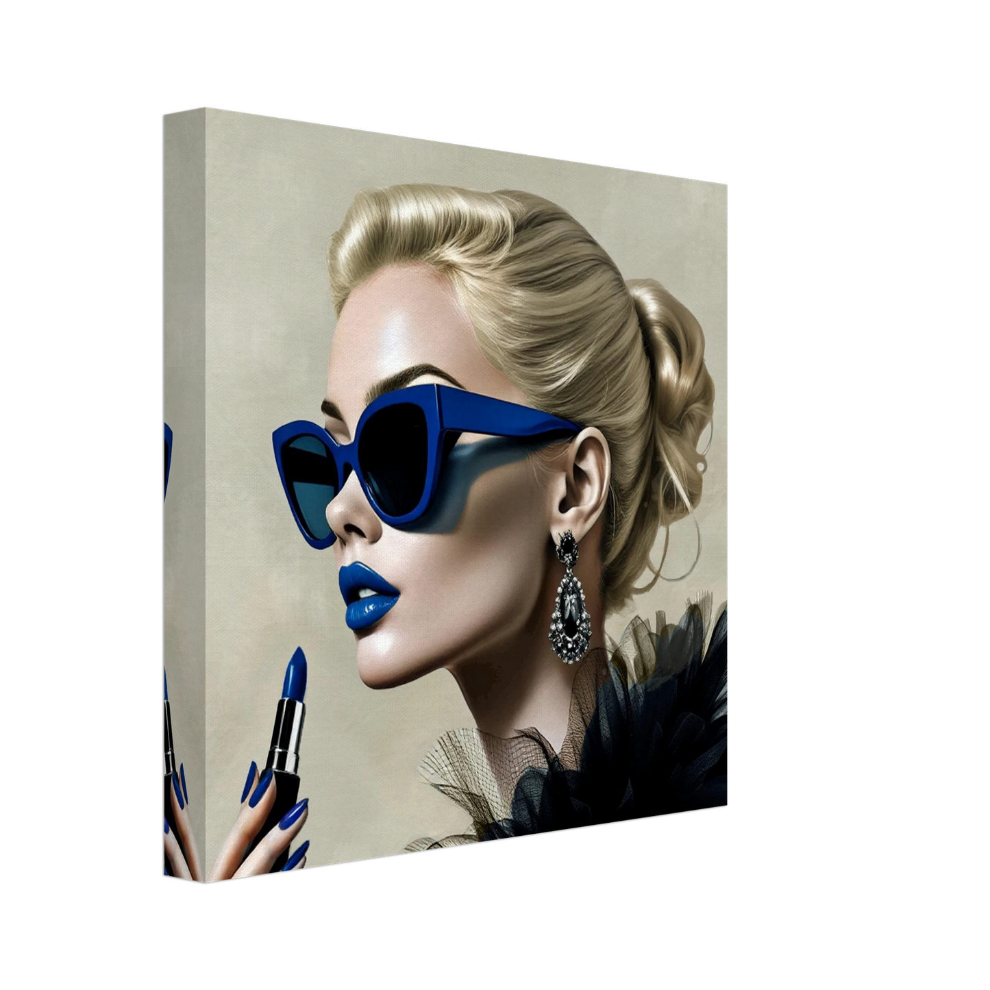 Retro Fashion Model Blue Lipstick Art Print 30x30 cm 12x12″ Gallery Wrapped Canvas