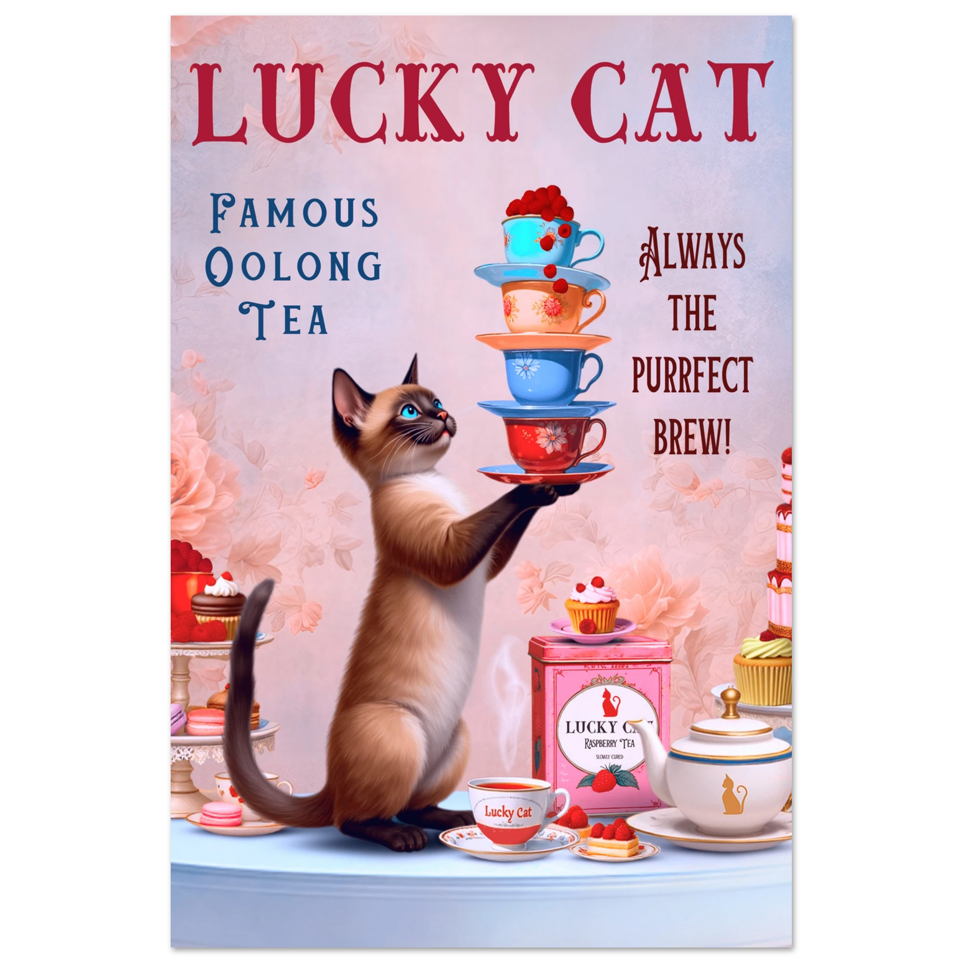 Siamese Lucky Cat Vintage Tea Art Print 60x90 cm 24x36″ Premium Matte Paper Poster No Frame