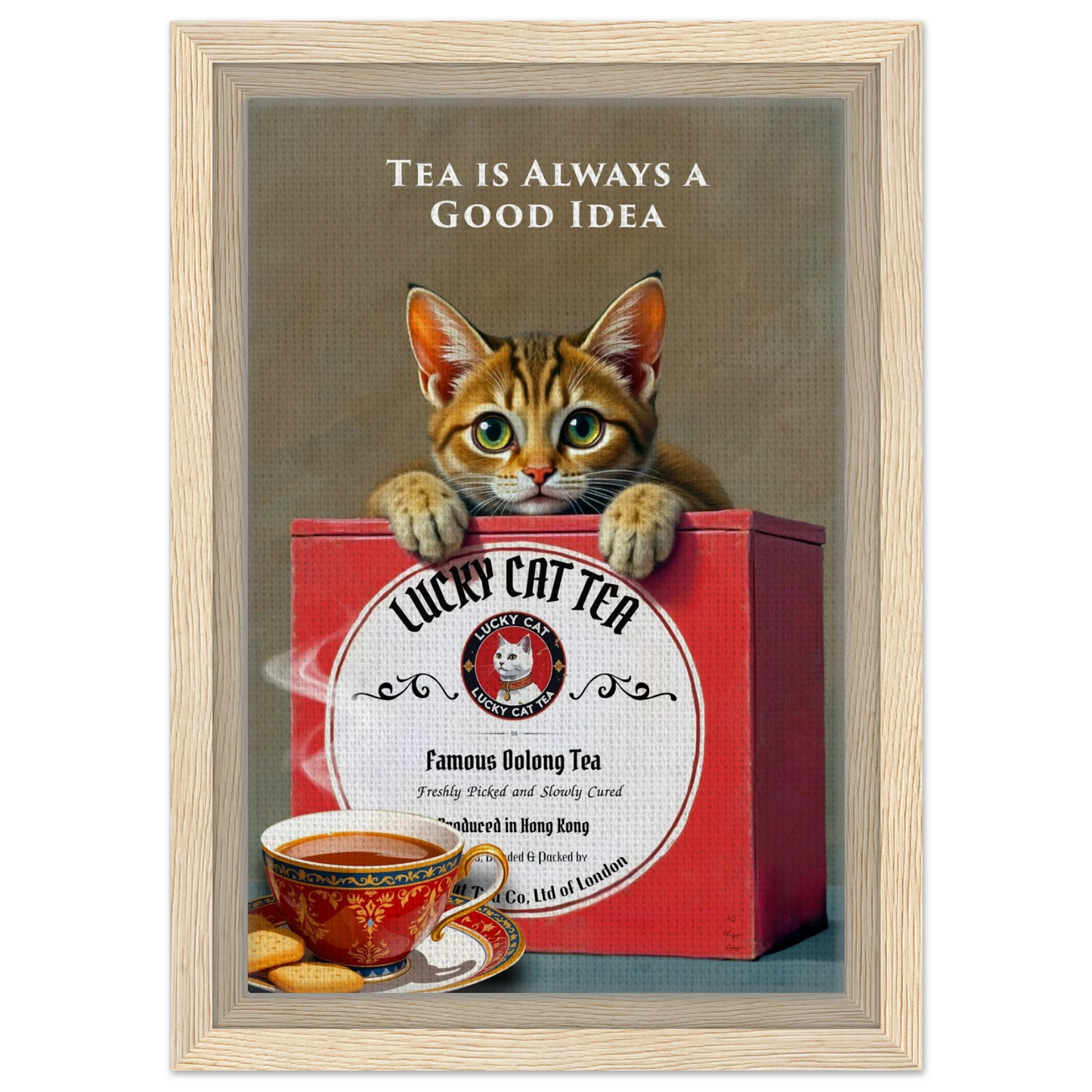 Lucky Cat Tea Vintage Kitchen Art Print Light Wood Frame 20x30 cm 8x12″ Framed Canvas