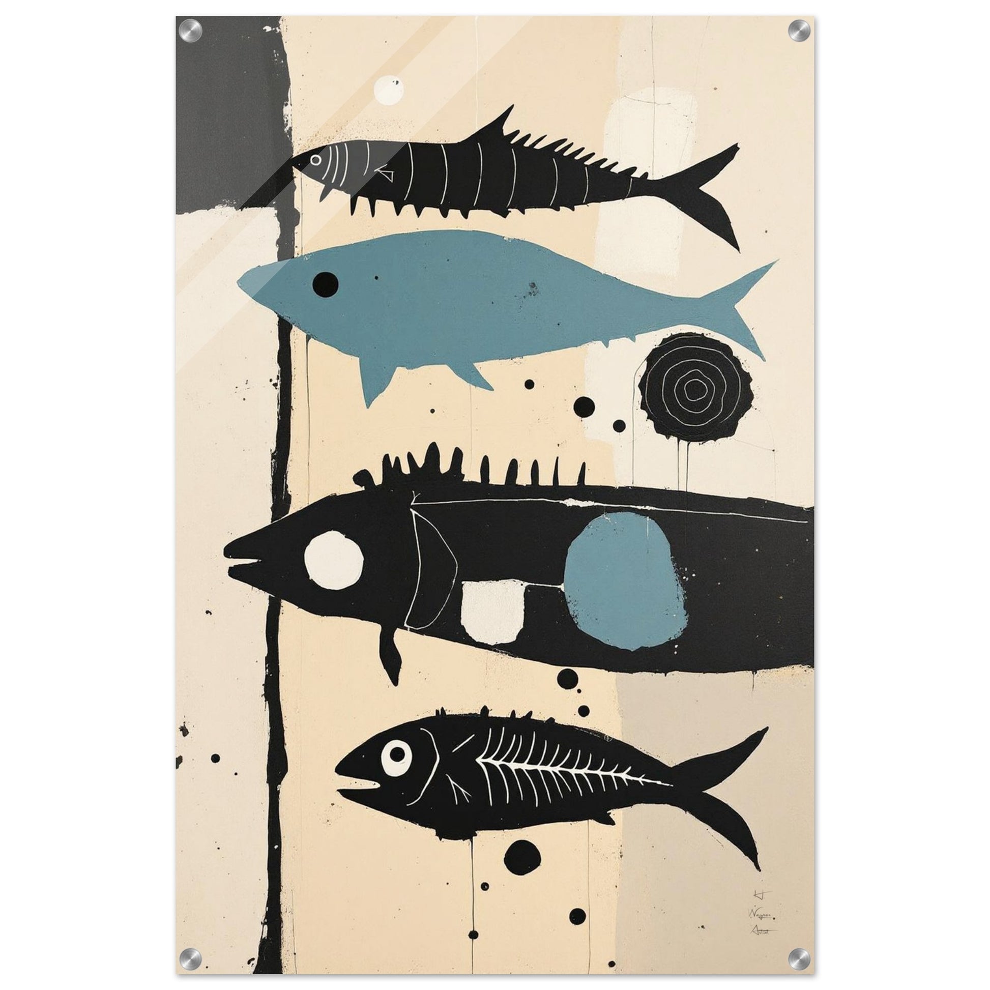 Mid-Century Modern Fish Art Poster Print – Framed Abstract Neutral Wall Decor Black Wood Frame 40x60 cm 16x24″ Framed Canvas