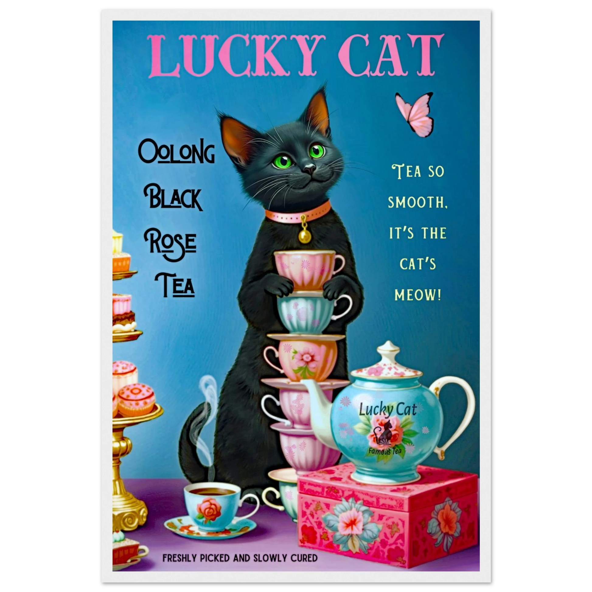 Lucky Cat Vintage Oolong Tea Art Print 40x60 cm 16x24″ Premium Matte Paper Wooden Framed Poster White Wood Frame