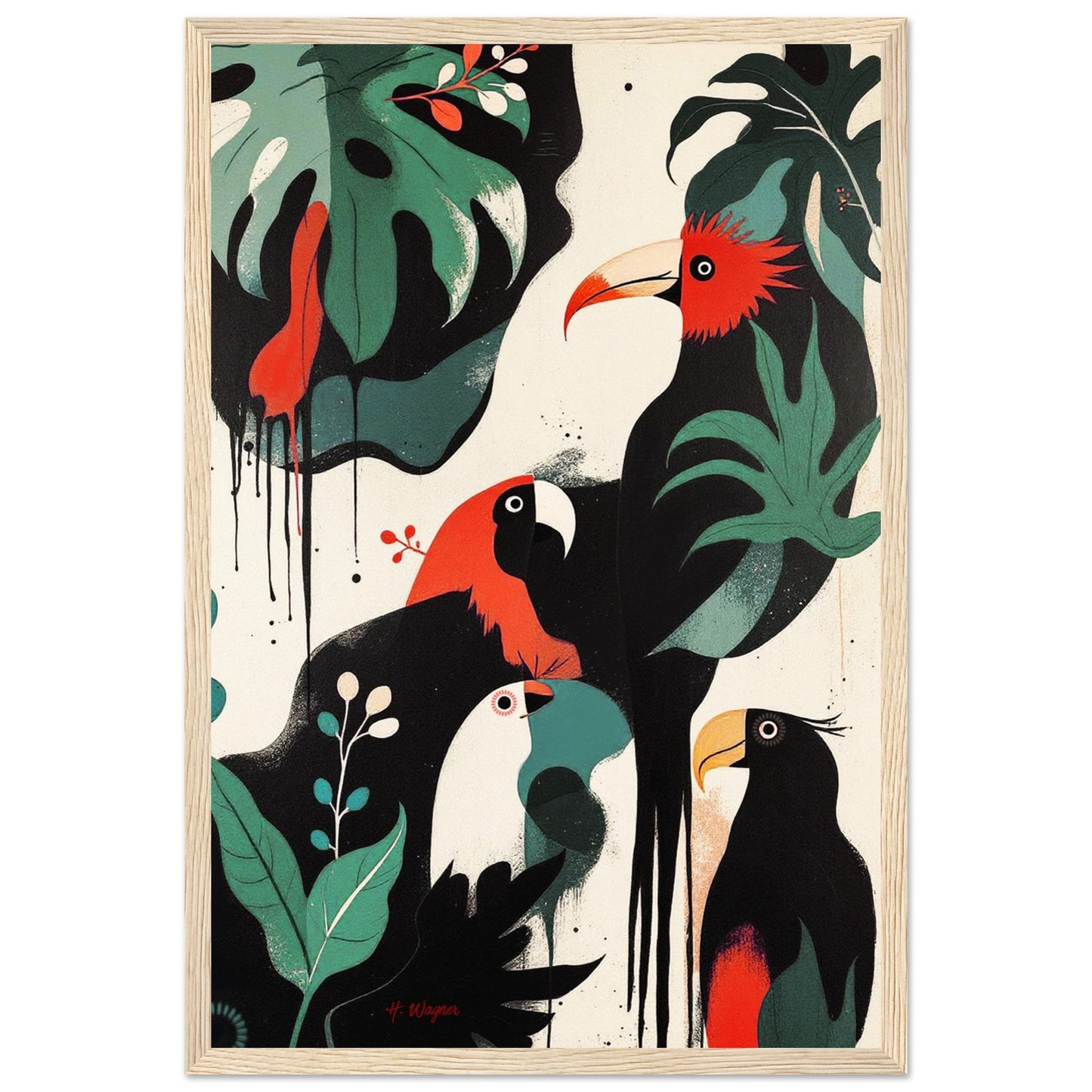 Mid-Century Modern Exotic Bird Art Poster Print - Framed Tropical Parrot Wall Décor Light Wood Frame 30x45 cm 12x18″ Premium Matte Wooden Framed Poster
