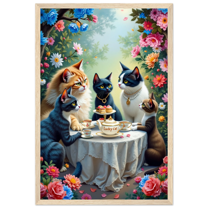 Lucky Cat Tea Party Botanical Art Print 30x45 cm 12x18″ Premium Matte Paper Wooden Framed Poster Light Wood Frame