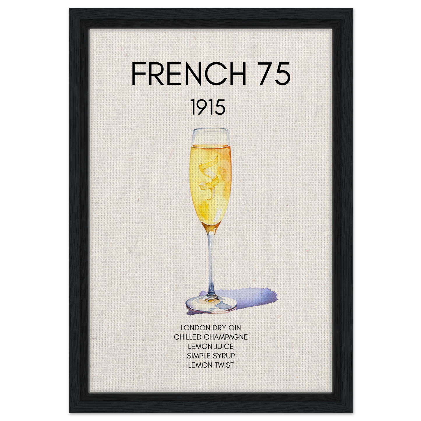 French 75 Cocktail Art Print Black Wood Frame 30x45 cm 12x18″ Framed Canvas