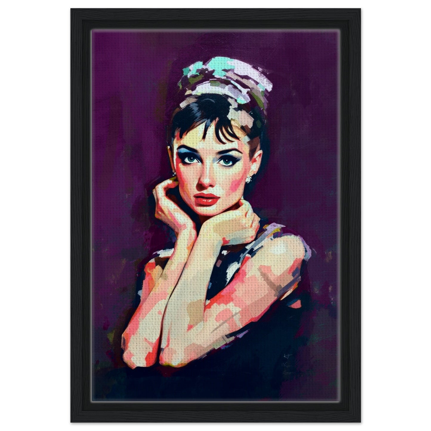 Audrey Hepburn Painting Art Print 30x45 cm 12x18″ Framed Canvas Black Wood frame