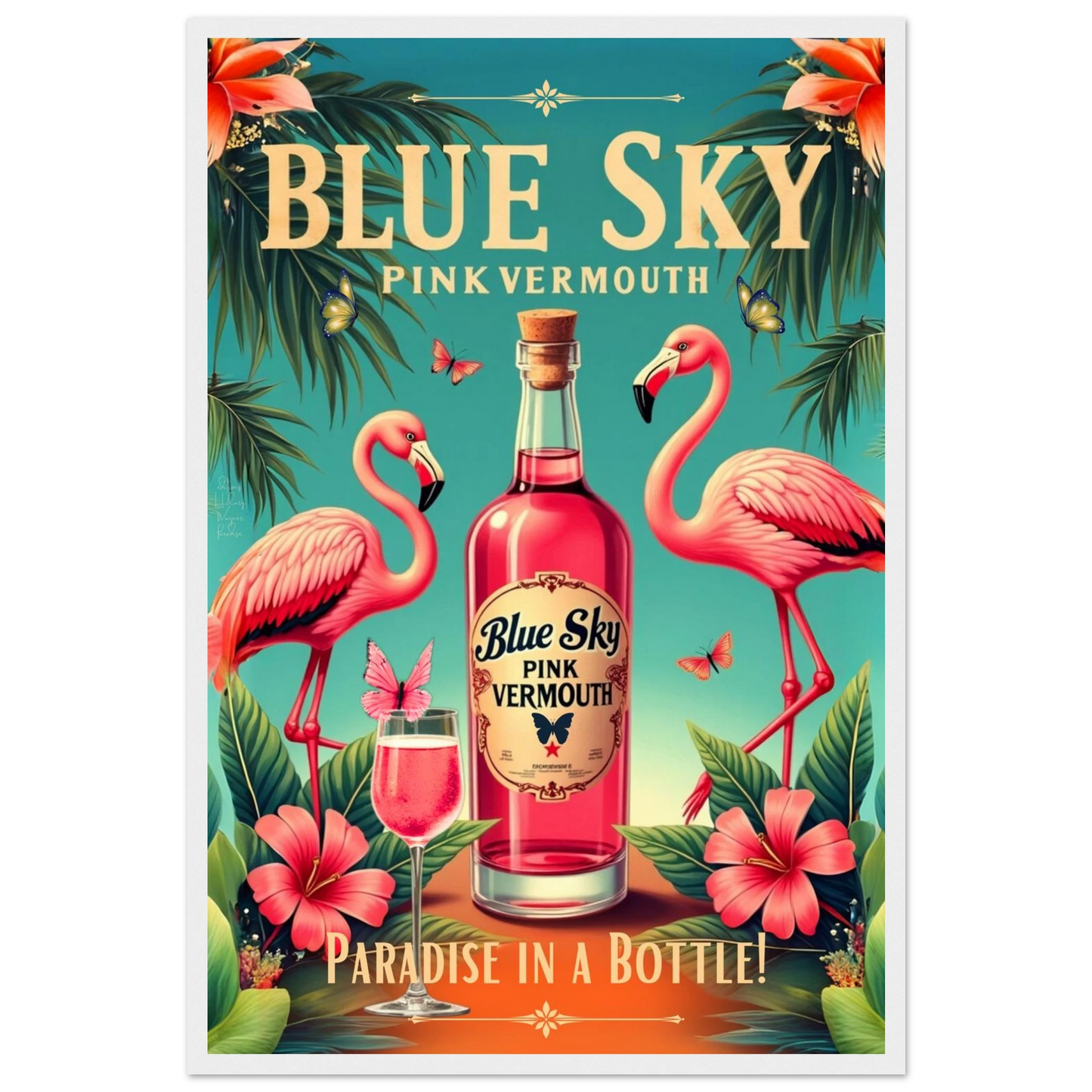 Vintage Pink Flamingo Tiki Bar Art Print 40x60 cm 16x24″ Premium Semi-Glossy Paper Wooden Framed Poster White Wood Frame