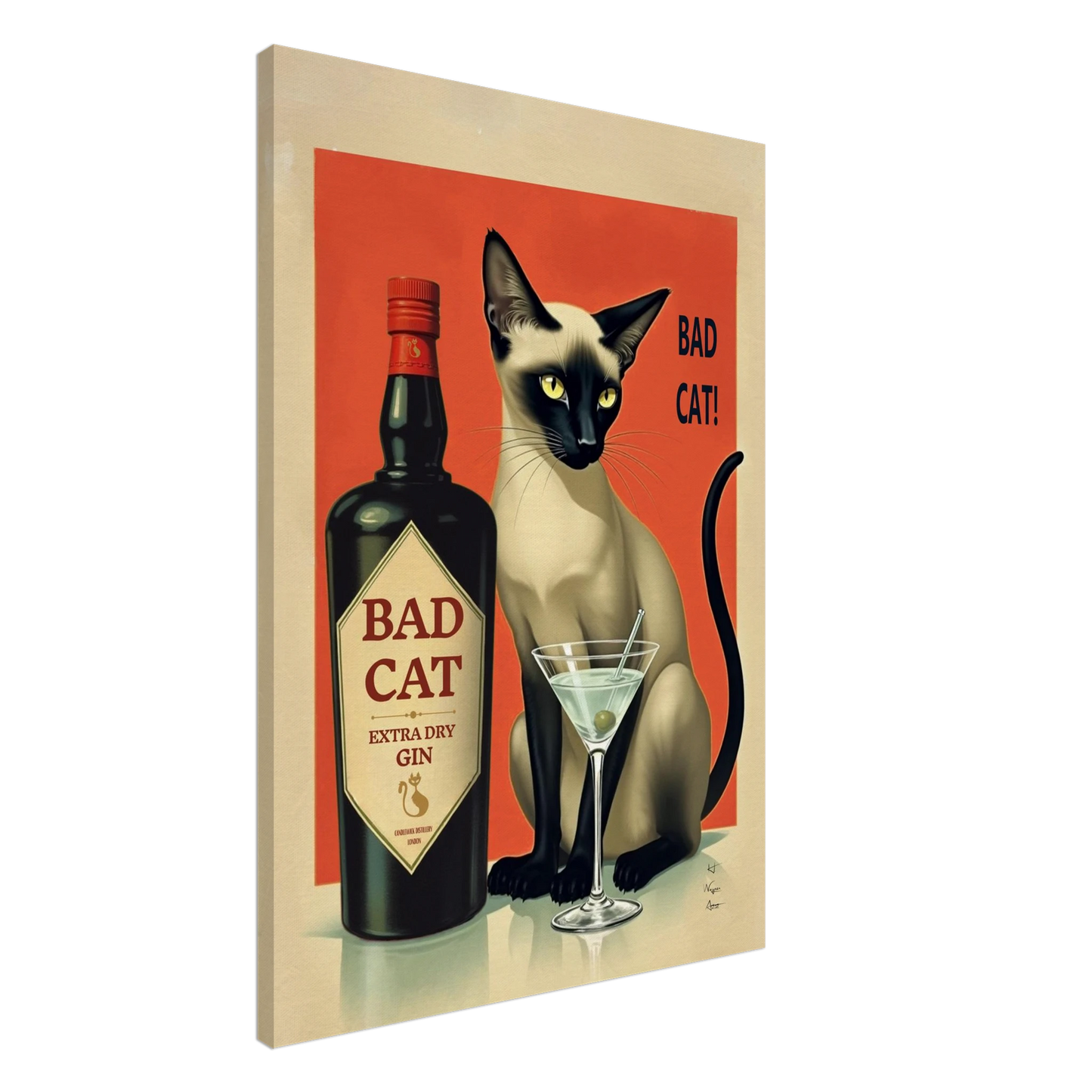 Siamese Cat Gin Martini Cocktail Art Print 27x35 cm 11x14″ Gallery Wrapped Canvas No Frame