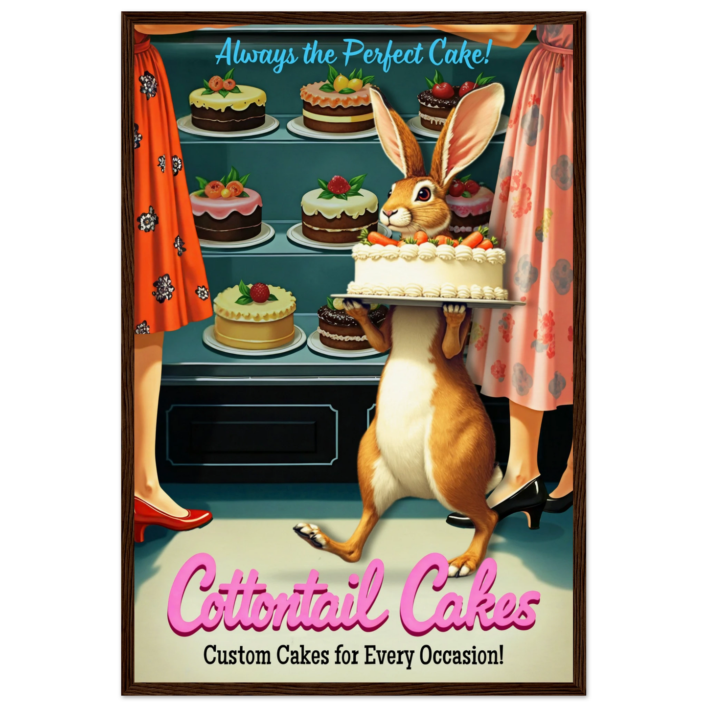 Cottontail Rabbit Bakery 1950s Kitchen Print Dark Brown Wood Frame 40x60 cm 16x24″ Museum-Quality Matte Framed Poster