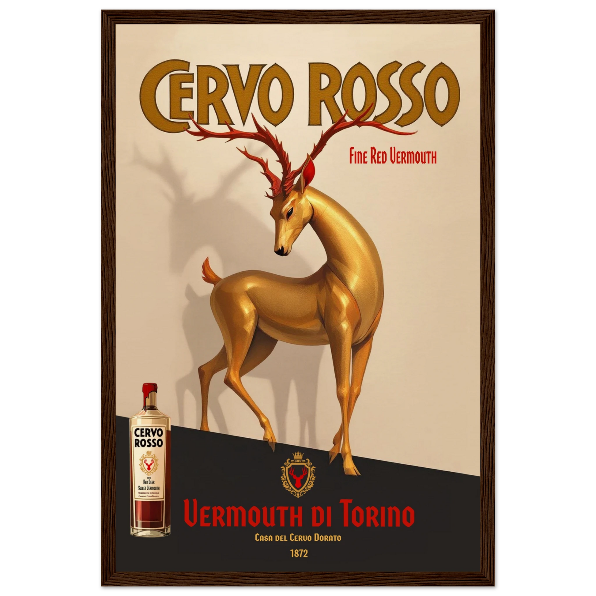 Art Deco Golden Deer Cocktail Bar Poster Print 30x45 cm 12x18″ Museum-Quality Matte Paper Wooden Framed Poster Dark Brown Wood Frame