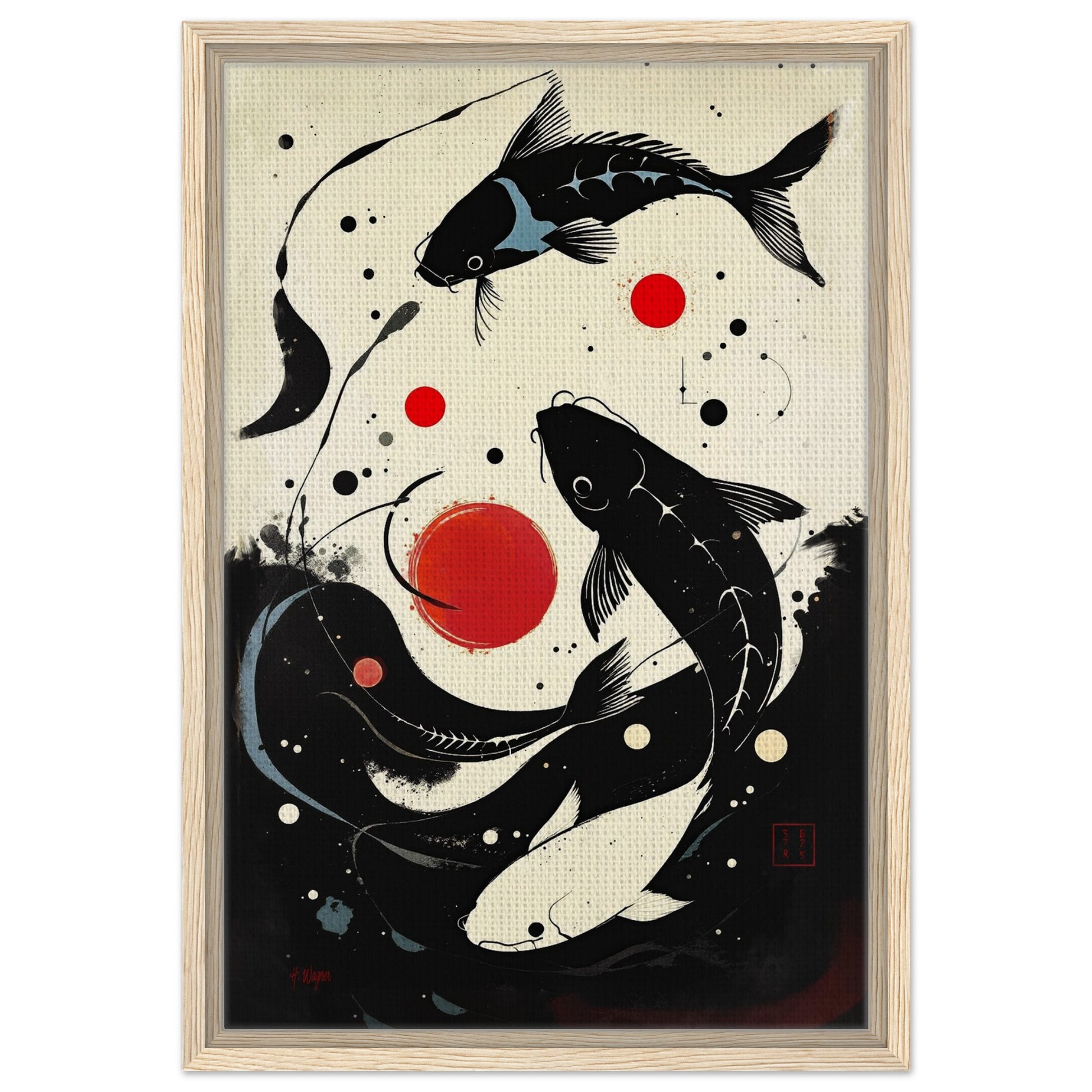 Mid-Century Modern Koi Fish Art Poster Print – Framed Abstract Black White Wall Décor