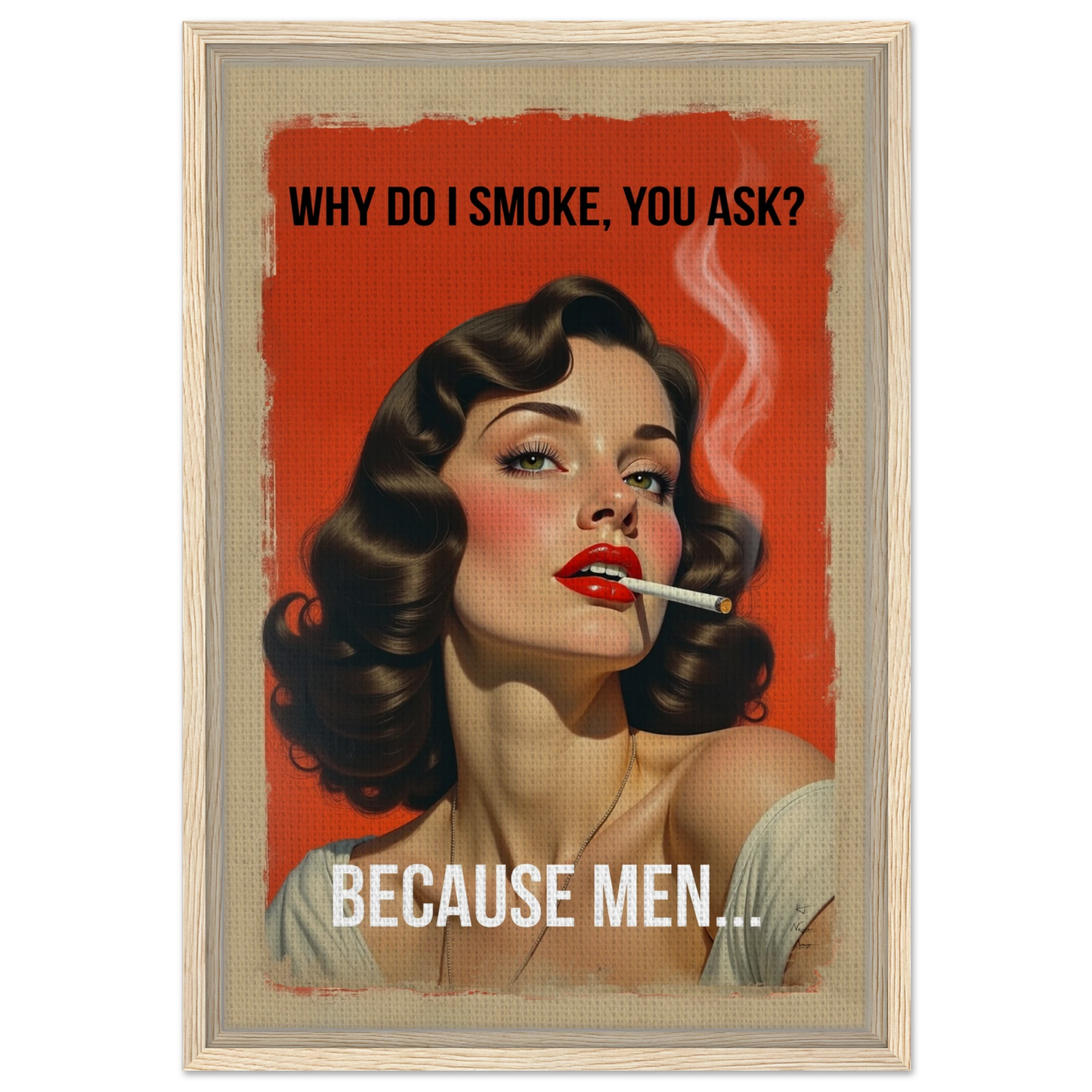 Retro Smoking Pin-Up Girl Art Print Light Wood Frame 40x60 cm 16x24″ Framed Canvas