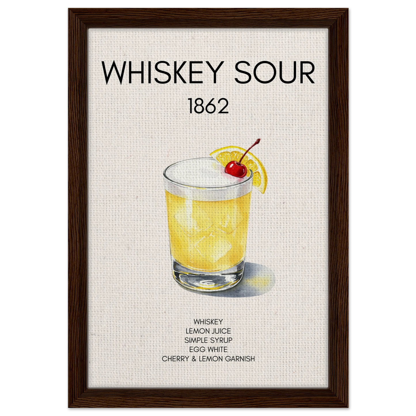 Whiskey Sour Cocktail Bar Poster Print Dark Brown Wood Frame 30x45 cm 12x18″ Framed Canvas