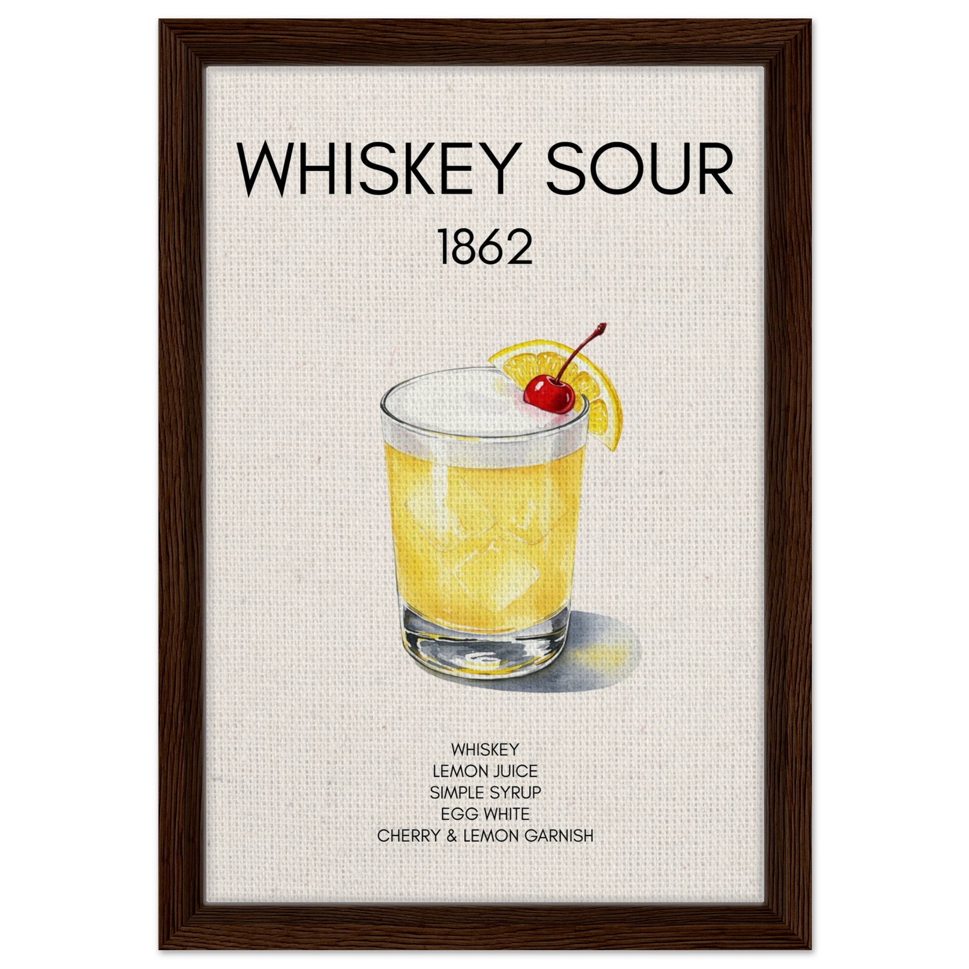 Whiskey Sour Cocktail Bar Art Print Dark Brown Wood Frame 30x45 cm 12x18″ Framed Canvas
