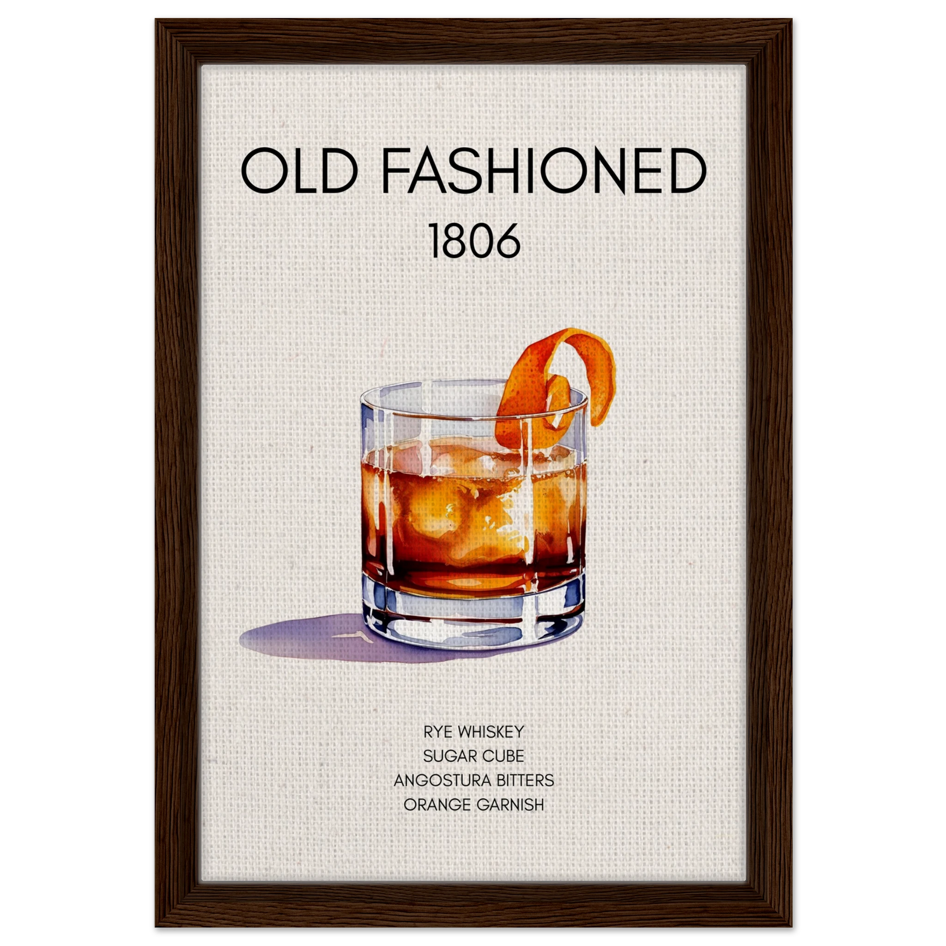 Classic Old Fashioned Cocktail Bar Art Print Dark Brown Wood Frame 30x45 cm 12x18″ Framed Canvas