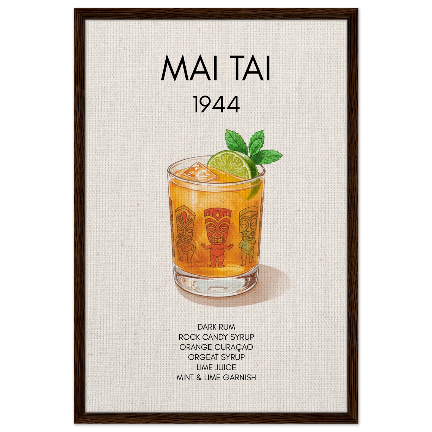 Mai Tai Tropical Cocktail Bar Poster Print Dark Brown Wood Frame 60x90 cm 24x36″ Framed Canvas