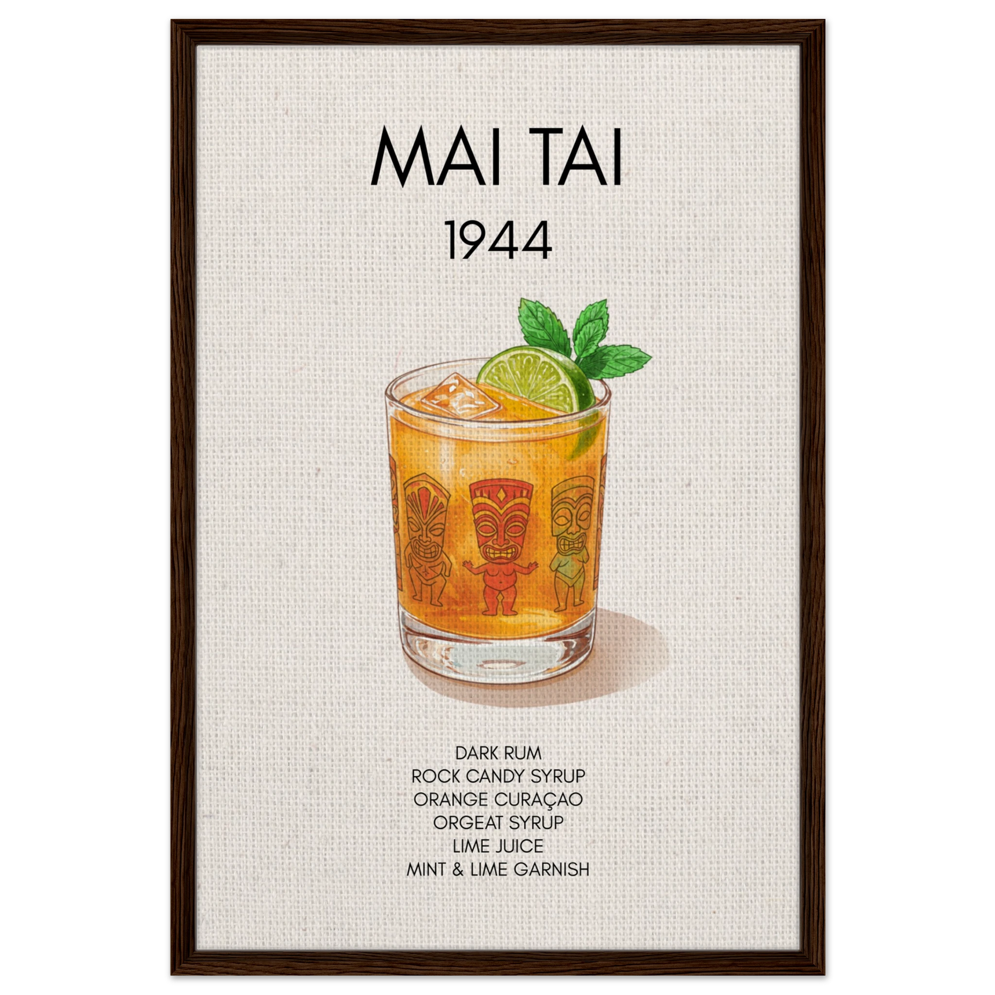 Mai Tai Tropical Cocktail Bar Poster Print Dark Brown Wood Frame 60x90 cm 24x36″ Framed Canvas