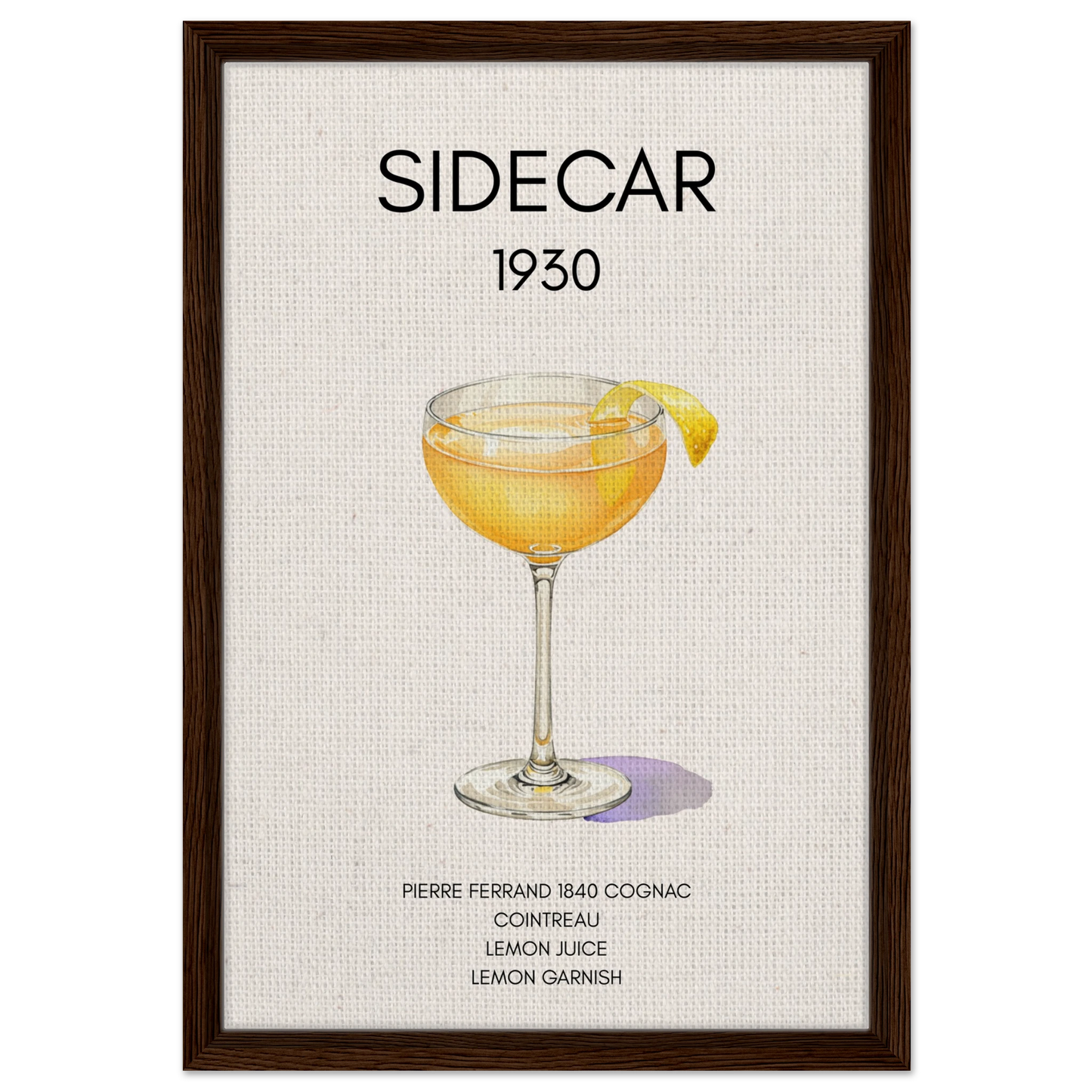 Sidecar Cocktail Bar Poster Print Dark Brown Wood Frame 40x60 cm 16x24″ Framed Canvas