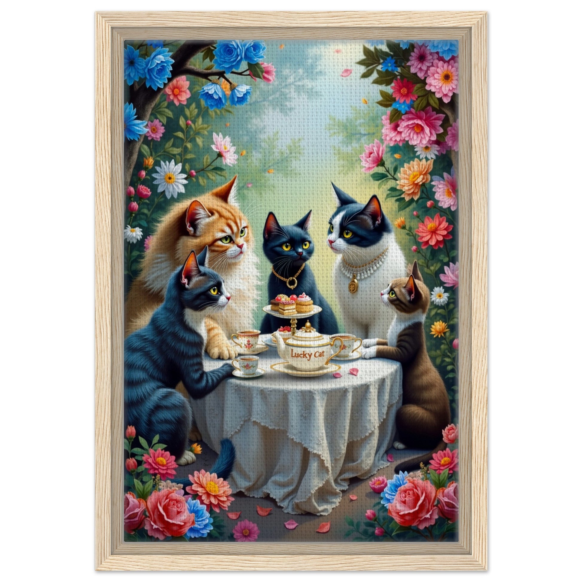 Lucky Cat Garden Tea Party Kitchen Art Print No Frame 40x60 cm 16x24″ Premium Matte Paper Poster
