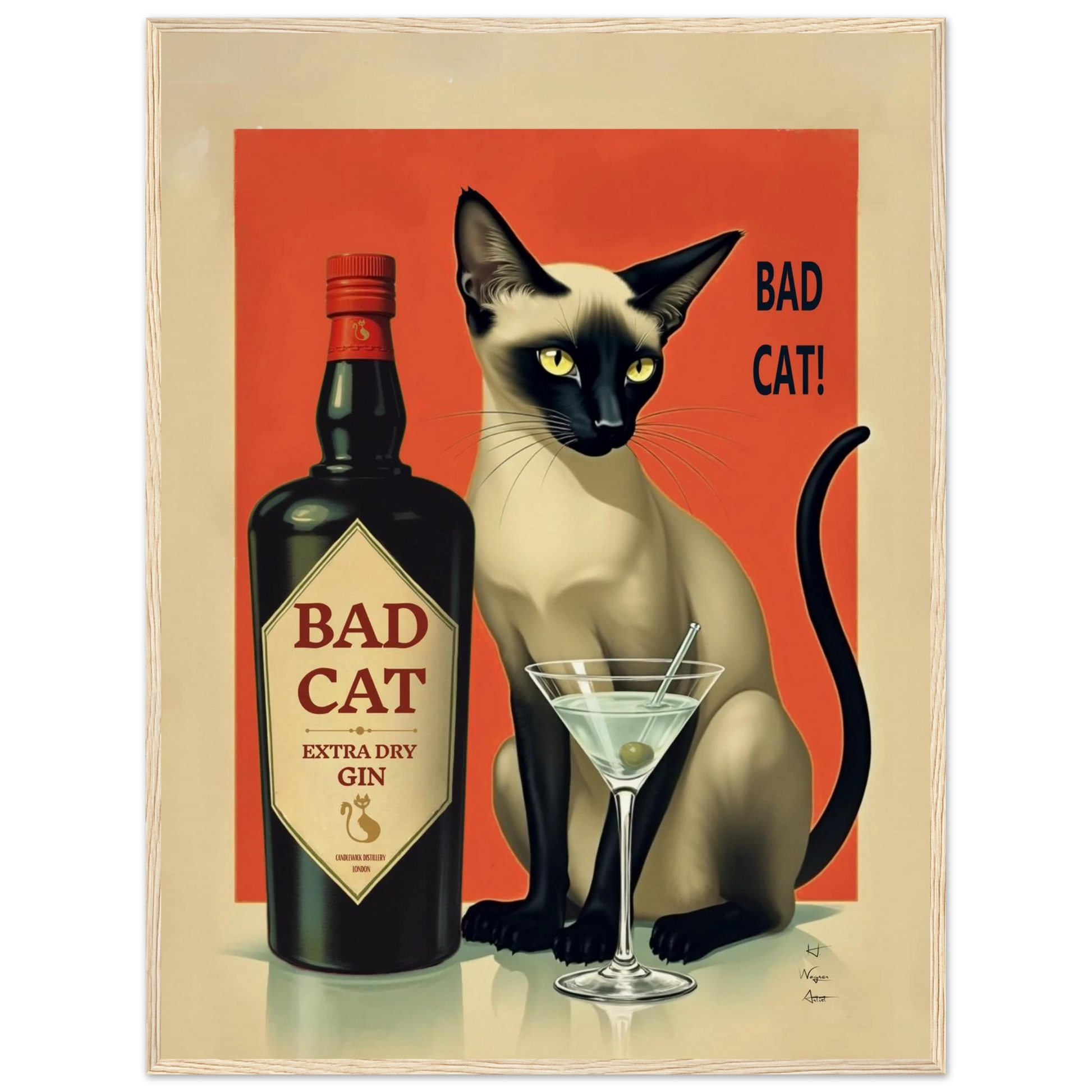 Siamese Cat Gin Martini Cocktail Art Print 60x80 cm 24x32″ Museum-Quality Matte Paper Wooden Framed Poster Light Wood Frame
