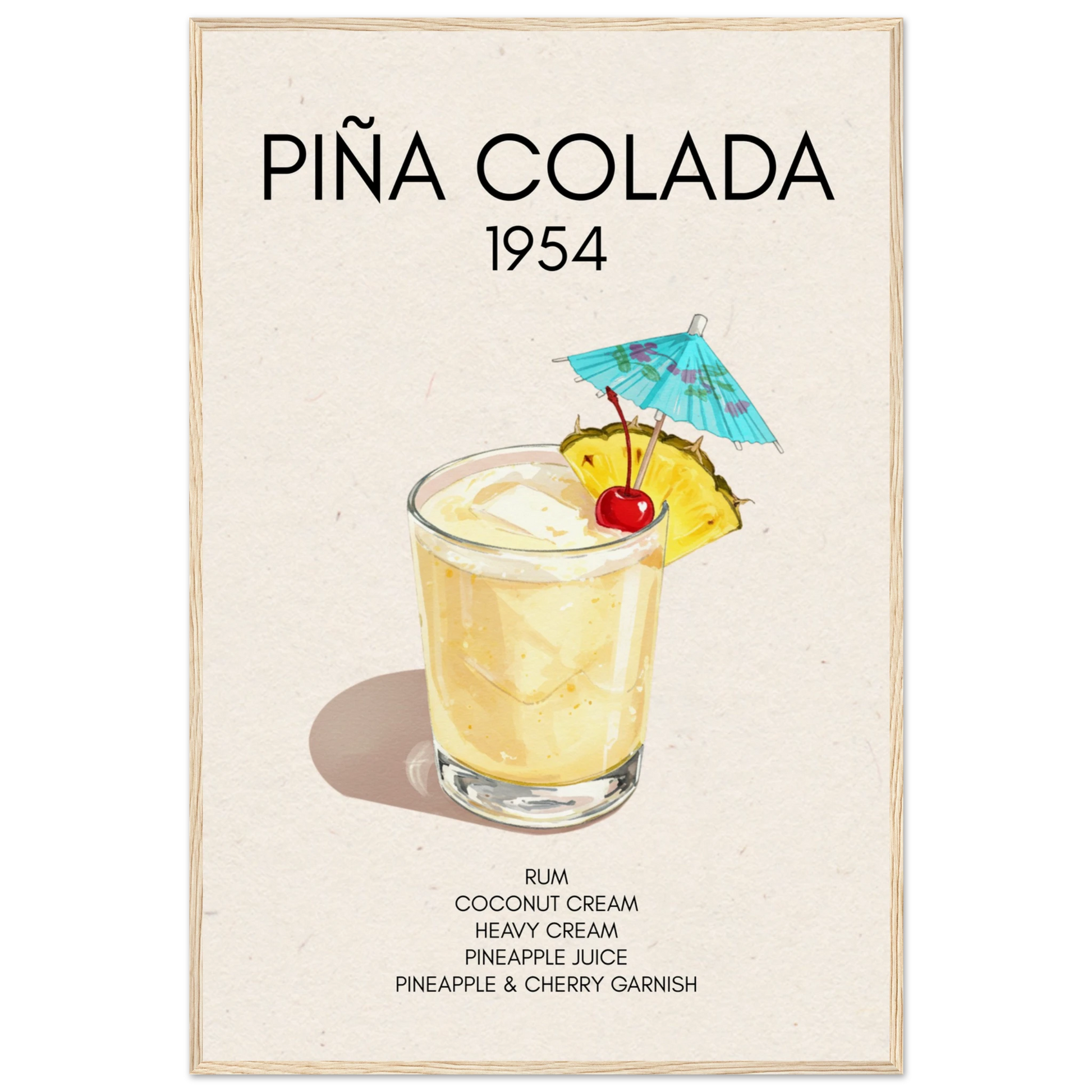 Pina Colada Cocktail Bar Poster Print Light Wood Frame 60x90 cm 24x36″ Museum-Quality Matte Paper Wooden Framed Poster