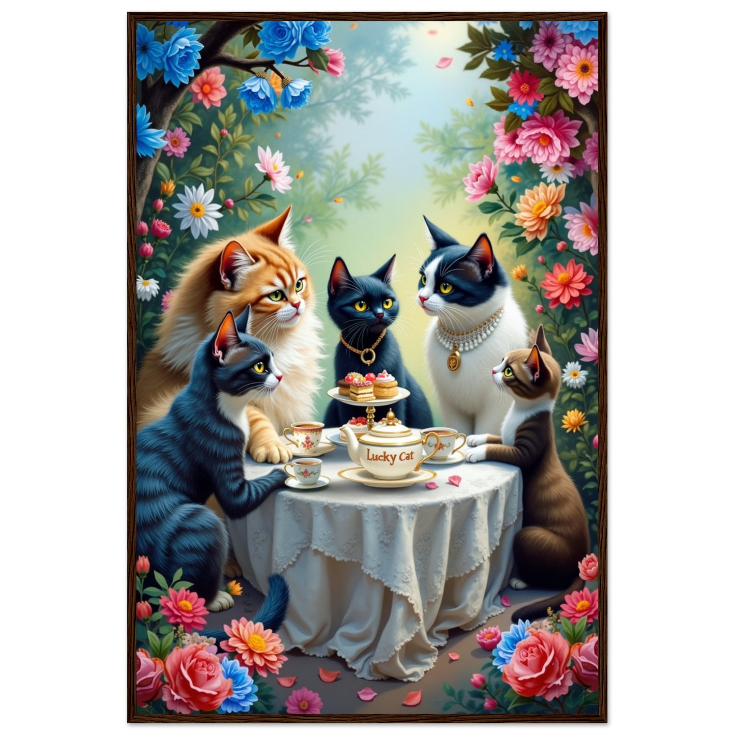 Lucky Cat Garden Tea Party Kitchen Art Print Dark Brown Wood Frame 60x90 cm 24x36″ Classic Matte Paper Wooden Framed Poster