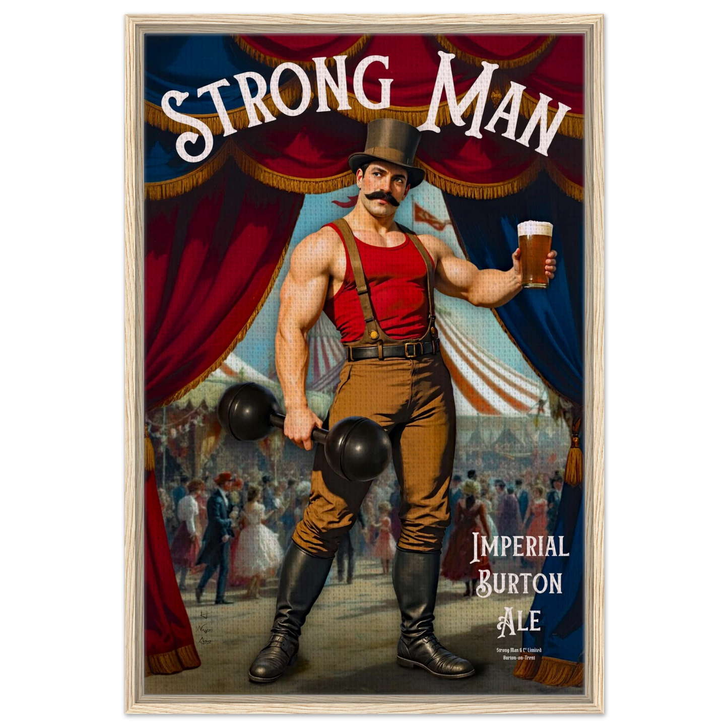 Vintage Victorian Circus Strongman Ale Art Print Light Wood Frame 60x90 cm 24x36″ Framed Canvas