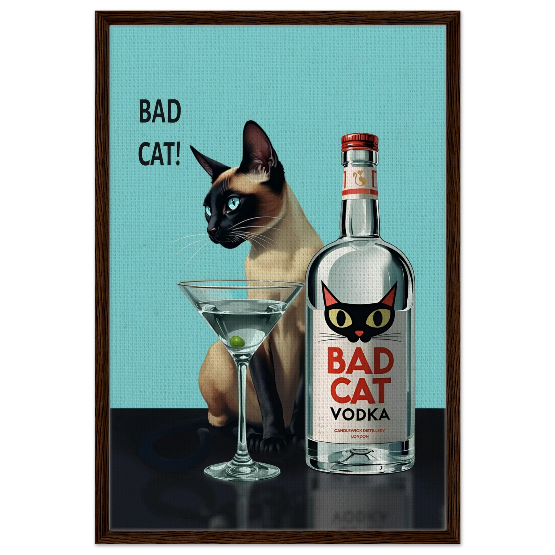 Siamese Cat Retro Martini Cocktail Bar Art Print Dark Brown Wood Frame 60x90 cm 24x36″ Framed Canvas