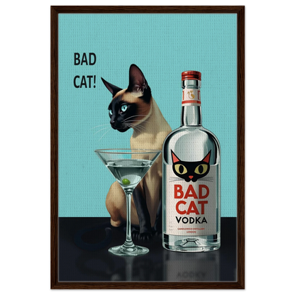 Siamese Cat Retro Martini Cocktail Bar Art Print Dark Brown Wood Frame 60x90 cm 24x36″ Framed Canvas
