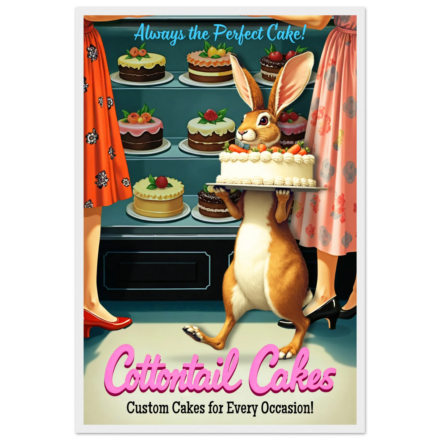 Cottontail Rabbit Bakery 1950s Kitchen Print White Wood Frame 40x60 cm 16x24″ Premium Matte Framed Poster
