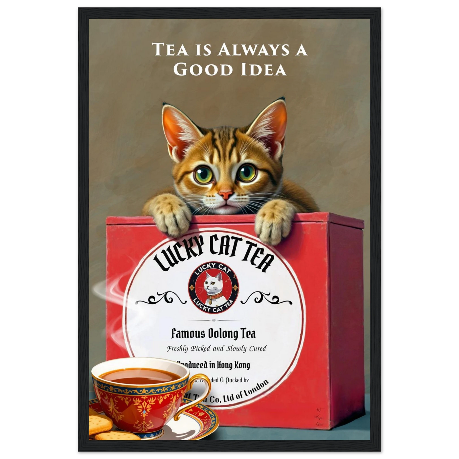 Tabby Lucky Cat Tea Vintage Kitchen Art Print Black Wood frame 30x45 cm 12x18″ Classic Matte Paper Wooden Framed Poster