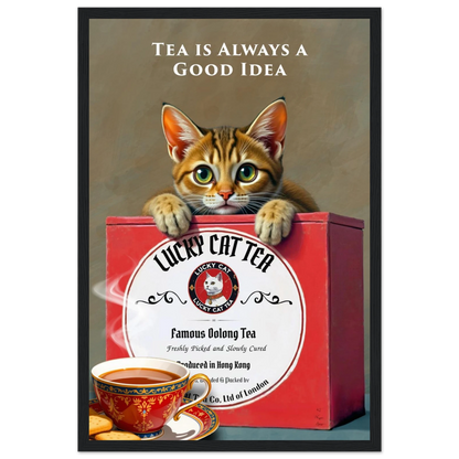 Tabby Lucky Cat Tea Vintage Kitchen Art Print Black Wood frame 30x45 cm 12x18″ Classic Matte Paper Wooden Framed Poster