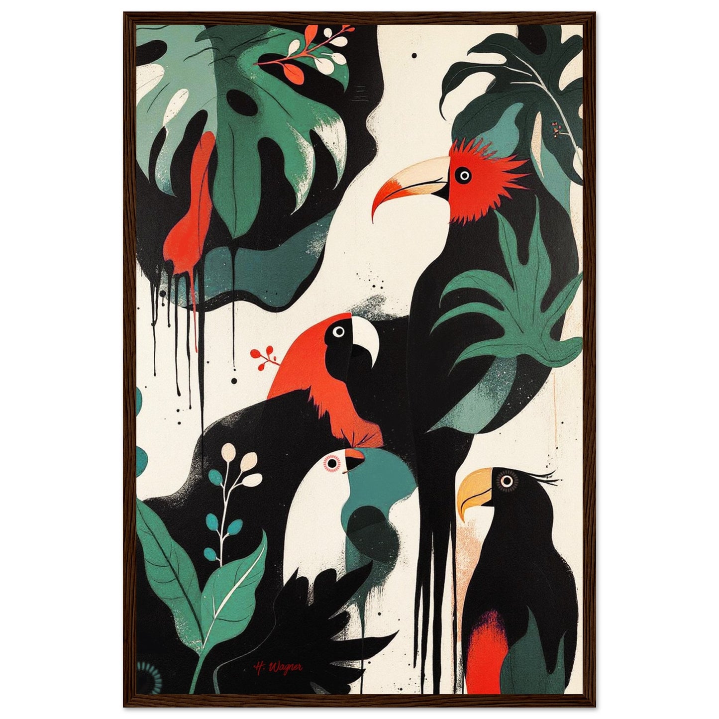 Mid-Century Modern Exotic Bird Art Poster Print - Framed Tropical Parrot Wall Décor Dark Brown Wood Frame 40x60 cm 16x24″ Premium Matte Wooden Framed Poster