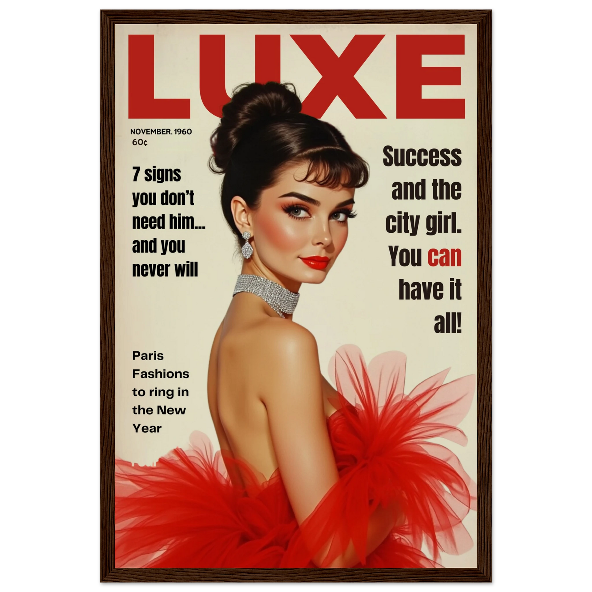 Audrey Hepburn Vintage Fashion Art Print Dark Brown Wood Frame 30x45 cm 12x18″ Premium Matte Paper Wooden Framed Poster