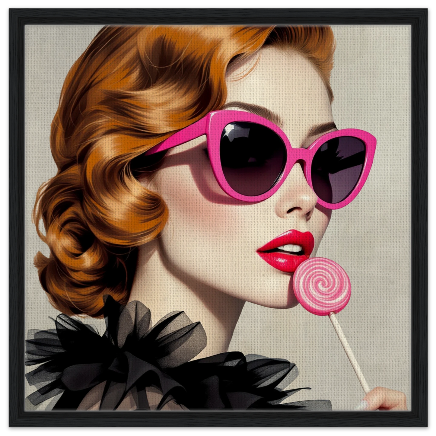 Retro Glam Fashion Model Lollipop Art Print Framed Canvas 60x60 cm 24x24″