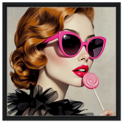 Retro Glam Fashion Model Lollipop Art Print Framed Canvas 60x60 cm 24x24″
