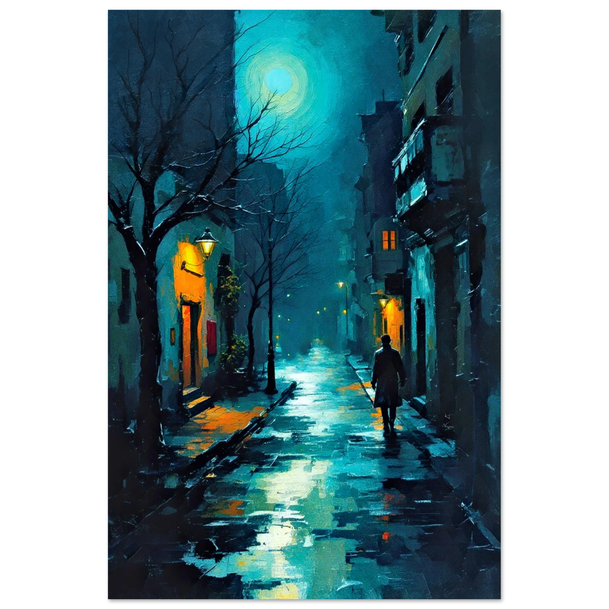 Blue Moon Night Street Scene Art Print 30x45 cm 12x18″ Premium Matte Poster No Frame