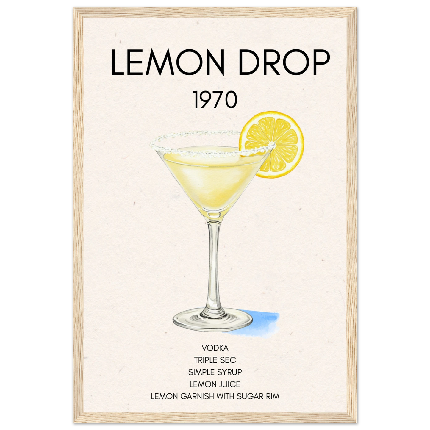 Lemon Drop Martini Cocktail Bar Poster Print Light Wood Frame 30x45 cm 12x18″ Premium Matte Paper Wooden Framed Poster