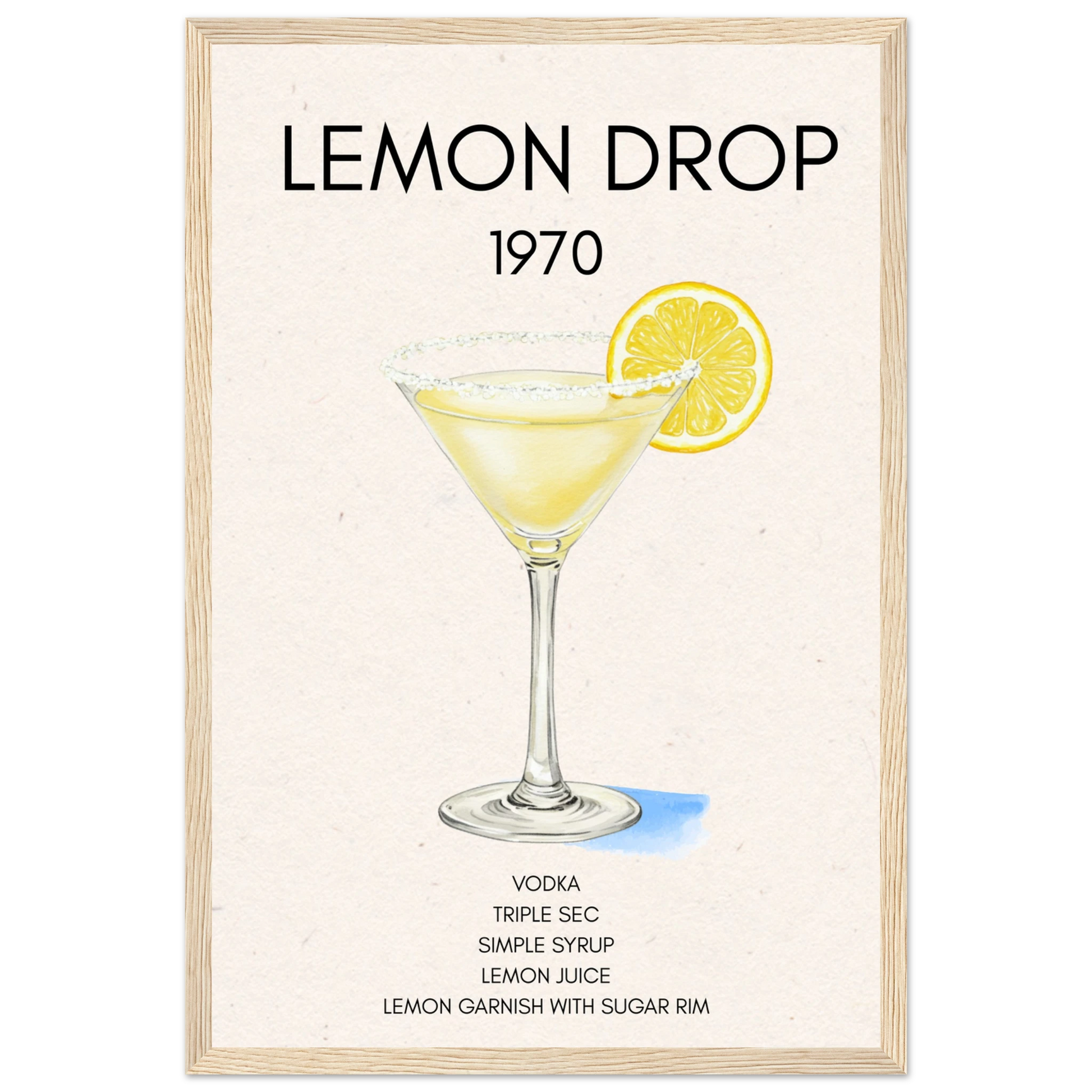 Lemon Drop Martini Cocktail Bar Art Print Light Wood Frame 30x45 cm 12x18″ Premium Matte Paper Wooden Framed Poster