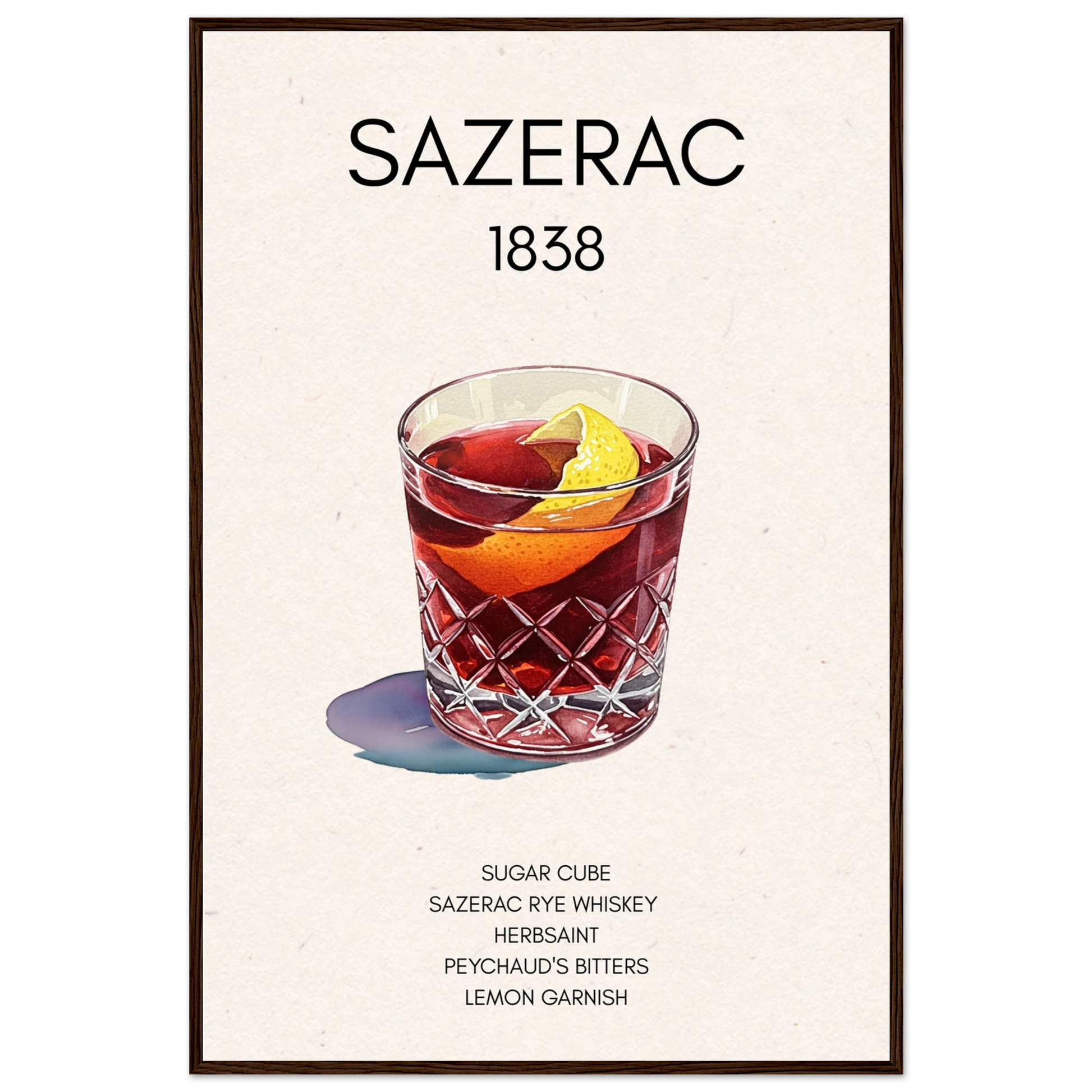 Sazerac Cocktail Bar Art Print Dark Brown Wood Frame 60x90 cm 24x36″ Premium Matte Paper Wooden Framed Poster
