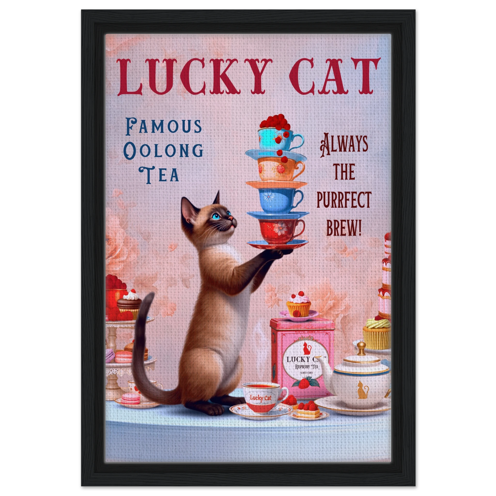 Siamese Lucky Cat Vintage Tea Art Print 30x45 cm 12x18″ Framed Canvas Black Wood Frame