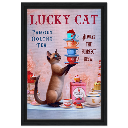 Siamese Lucky Cat Vintage Tea Art Print 30x45 cm 12x18″ Framed Canvas Black Wood Frame
