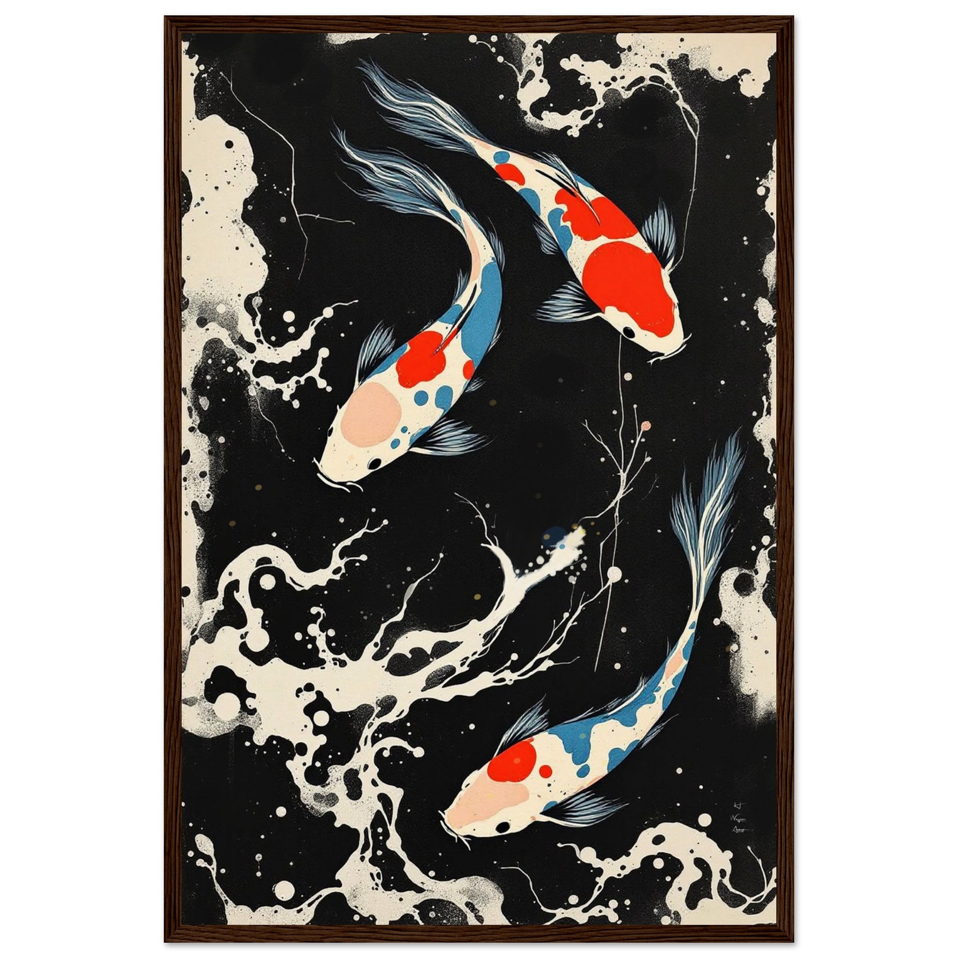 Modern Black White Koi Fish Ocean Art Print 40x60 cm 16x24″ Museum-Quality Matte Paper Wooden Framed Poster Dark Brown Wood Frame